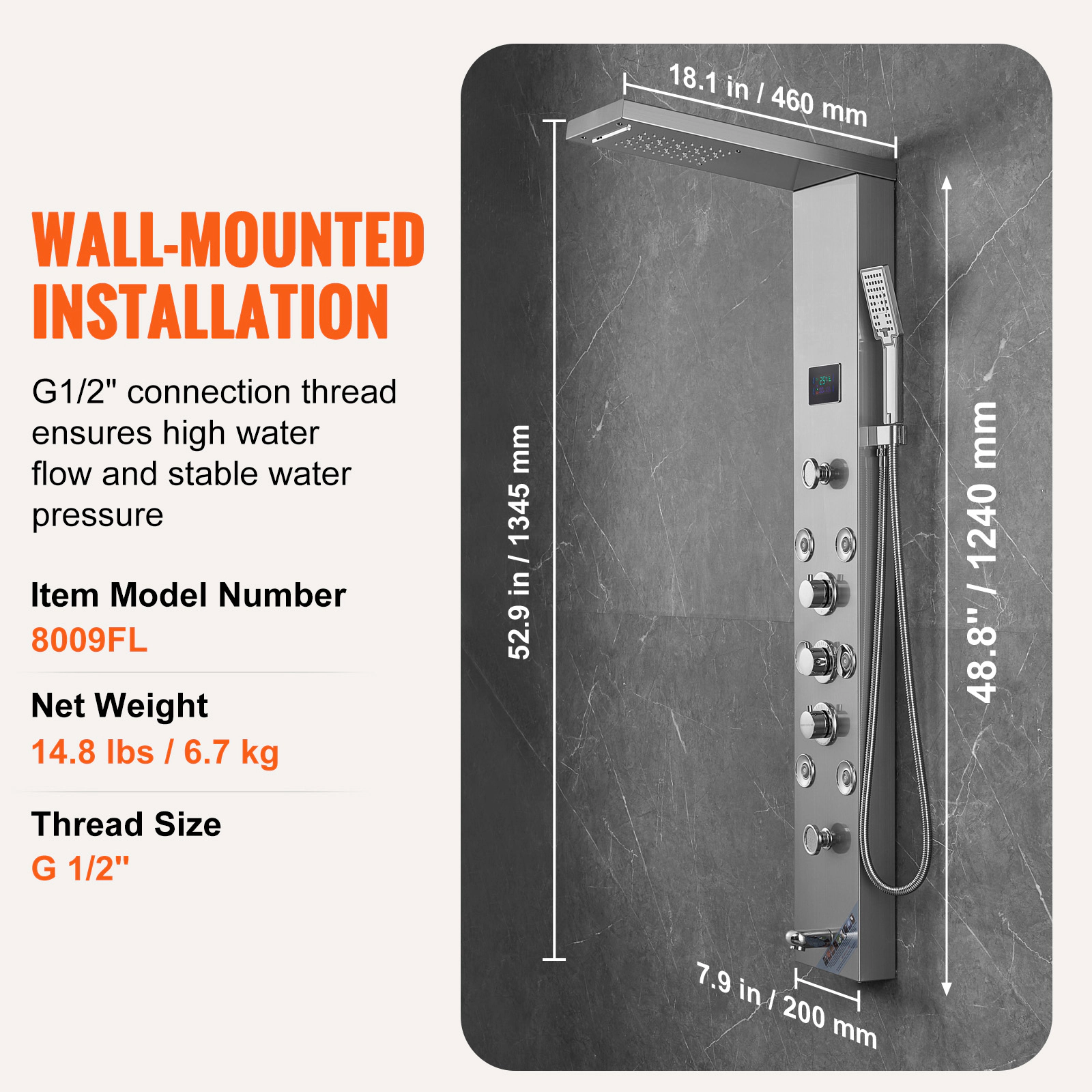 HONGGE 6-Mode LED Shower Tower Panel, Rainfall, Waterfall & 8 Massage Jets