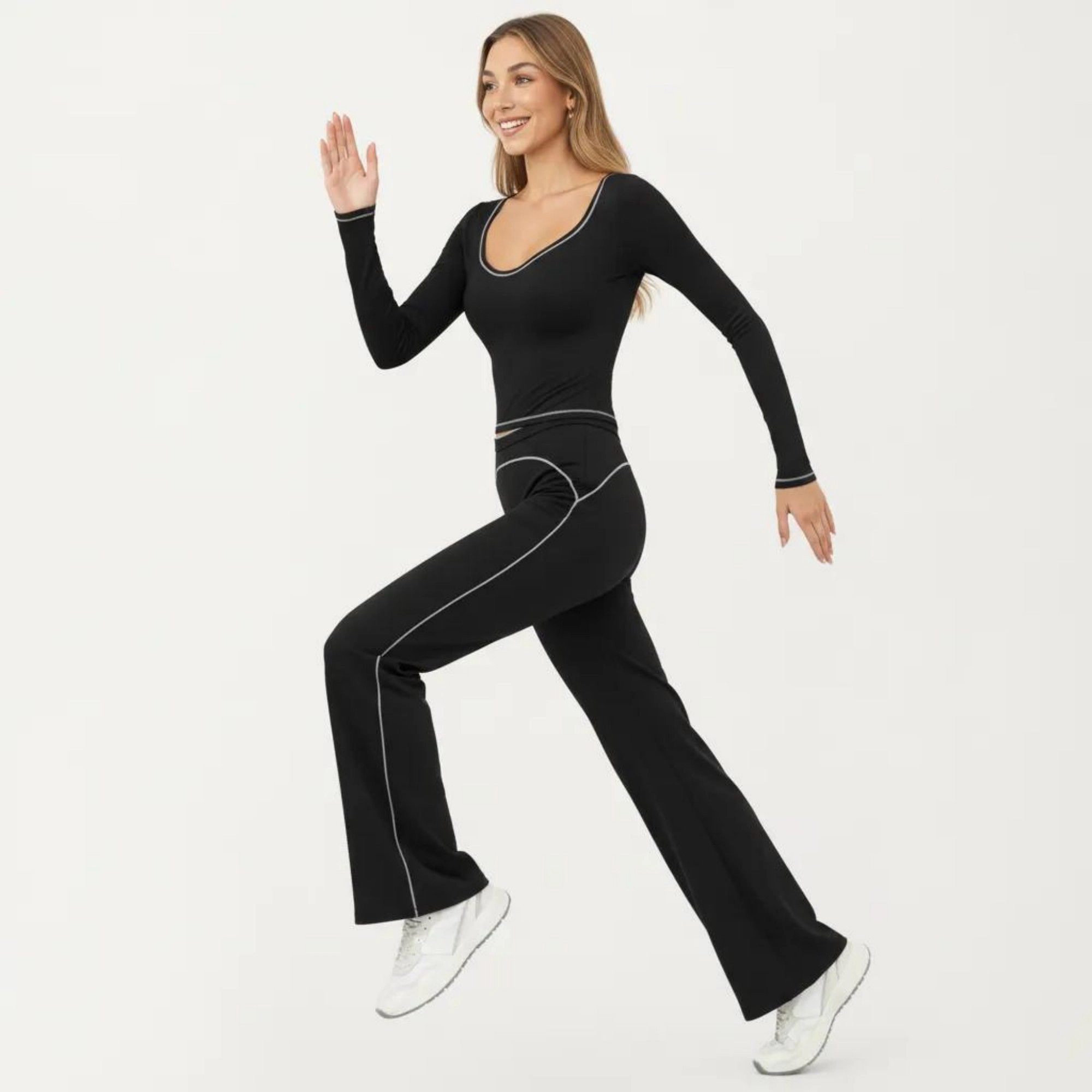 Anna-Kaci Women's Long Sleeve Cropped Top with V Neckline Contrast Trim and Smooth Stretch Fit