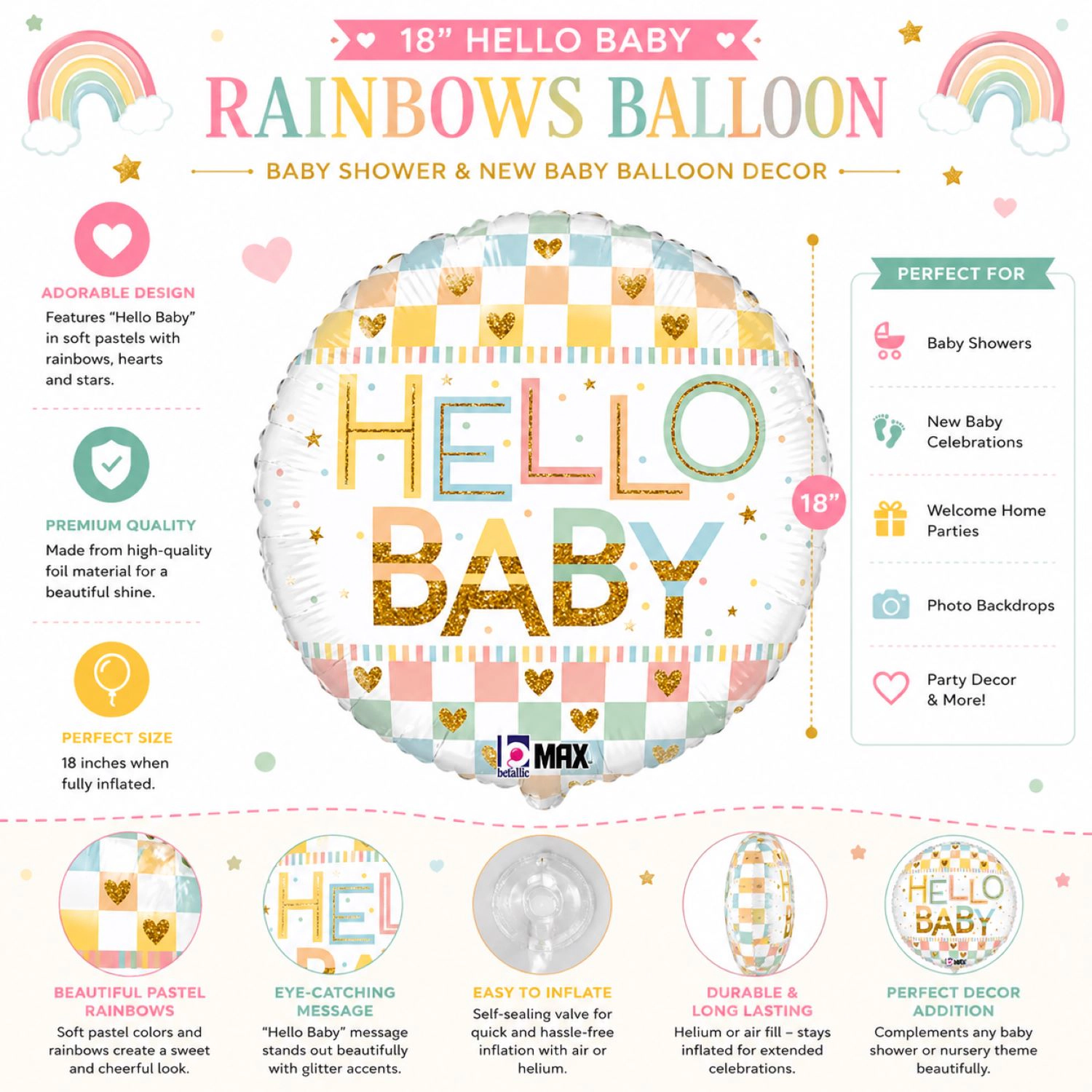 LoonBalloon Hello Baby Rainbows Foil Balloon