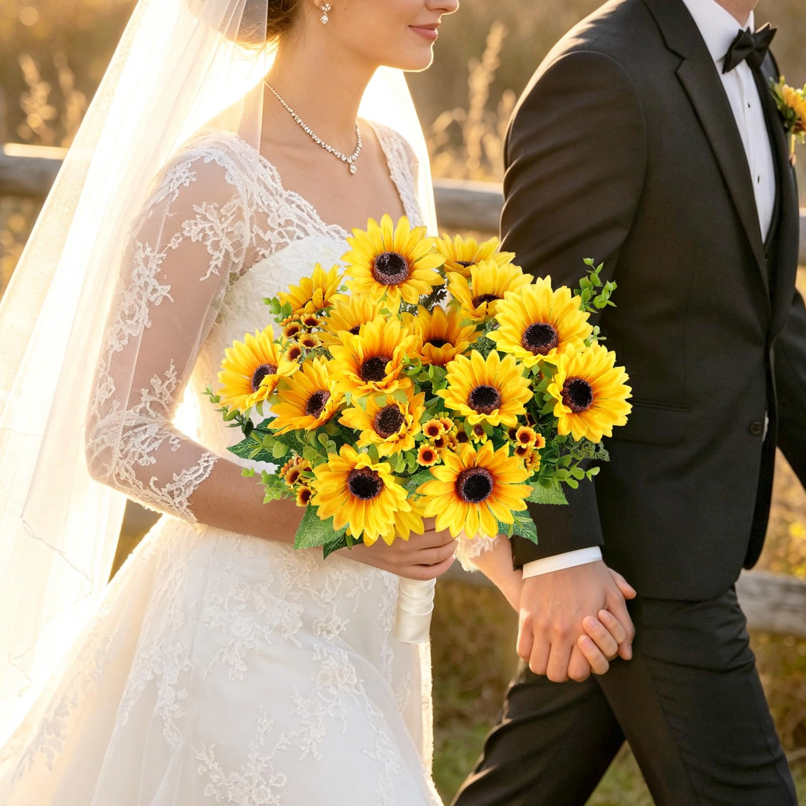 PUPWE Artificial Sunflowers For Outdoors Fall Decor  2 Bouquets