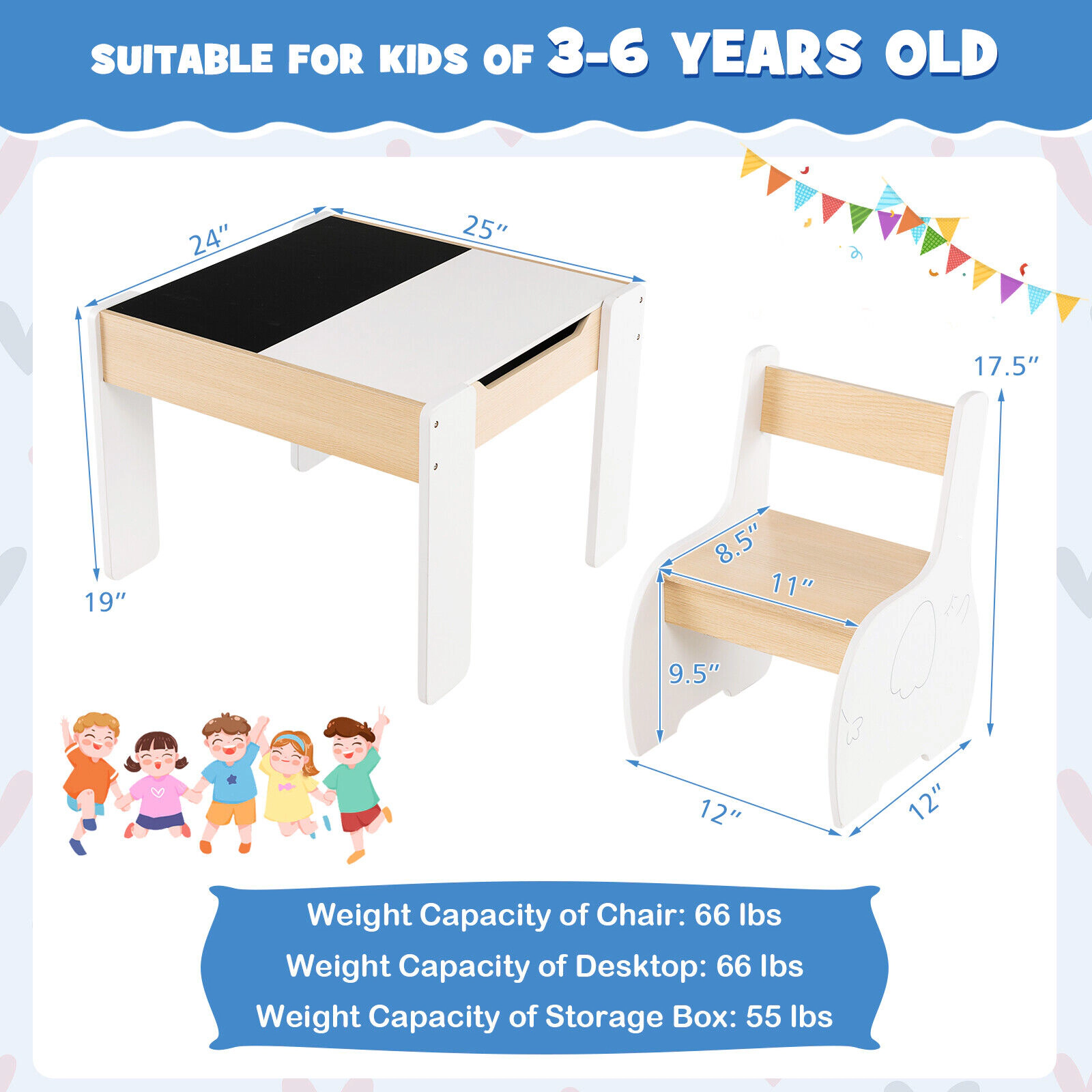 SUGIFT 4-in-1 Wooden Kids Activity Table and Chairs with Storage and Blackboard 66-Lb Desktop Ages 3-6 White/Gray