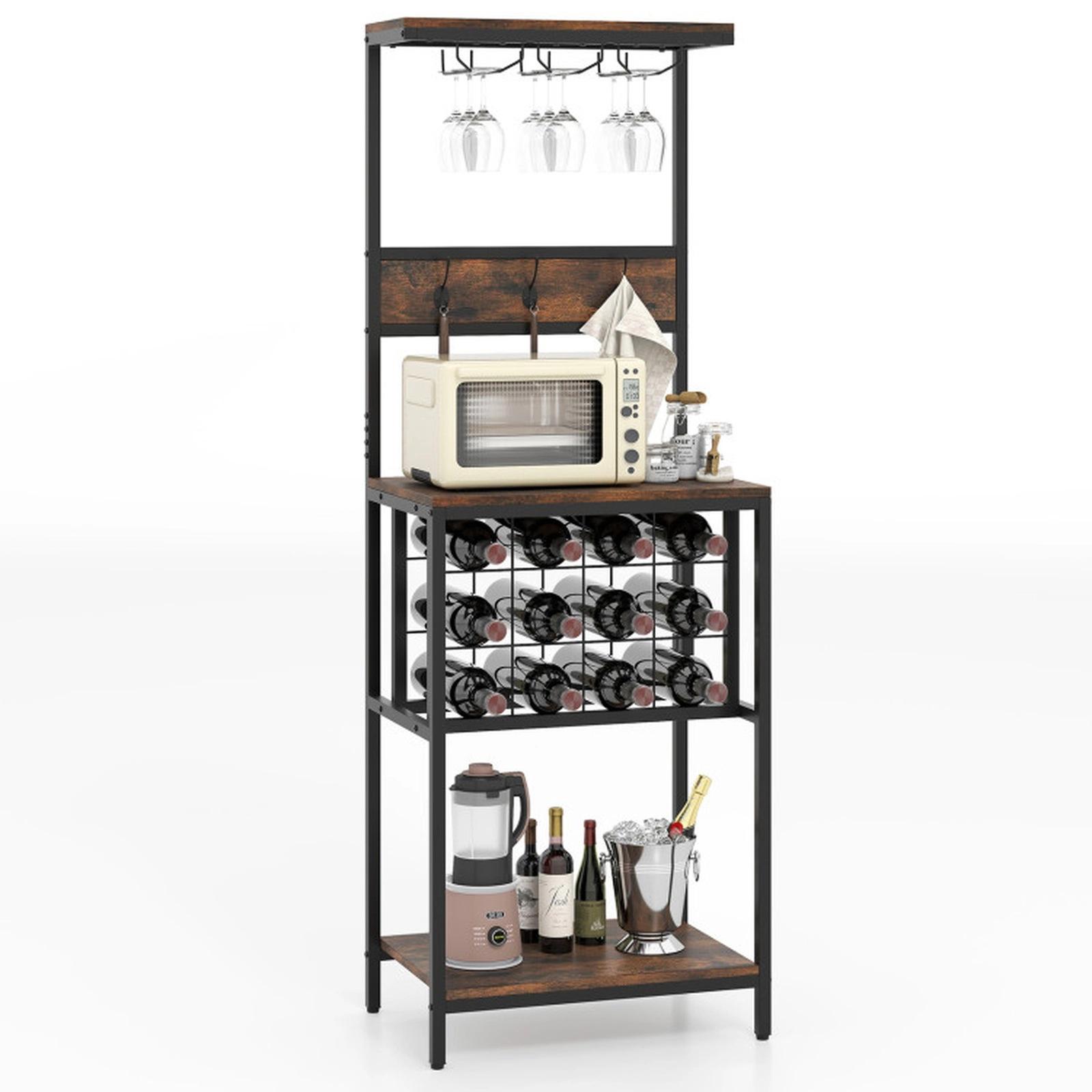 SUGIFT Freestanding Wine Bar Cabinet Rustic Brown with 12 Bottle Rack and Glass Racks