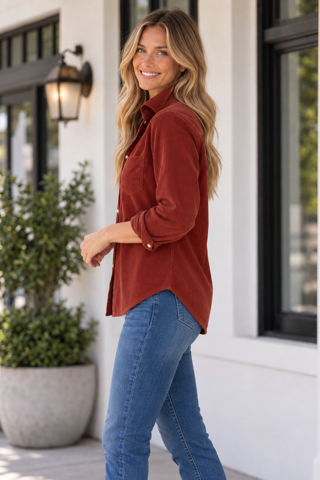 Threaded Pear Women's Roselyn Sleeve Corduroy Shirt Long Top