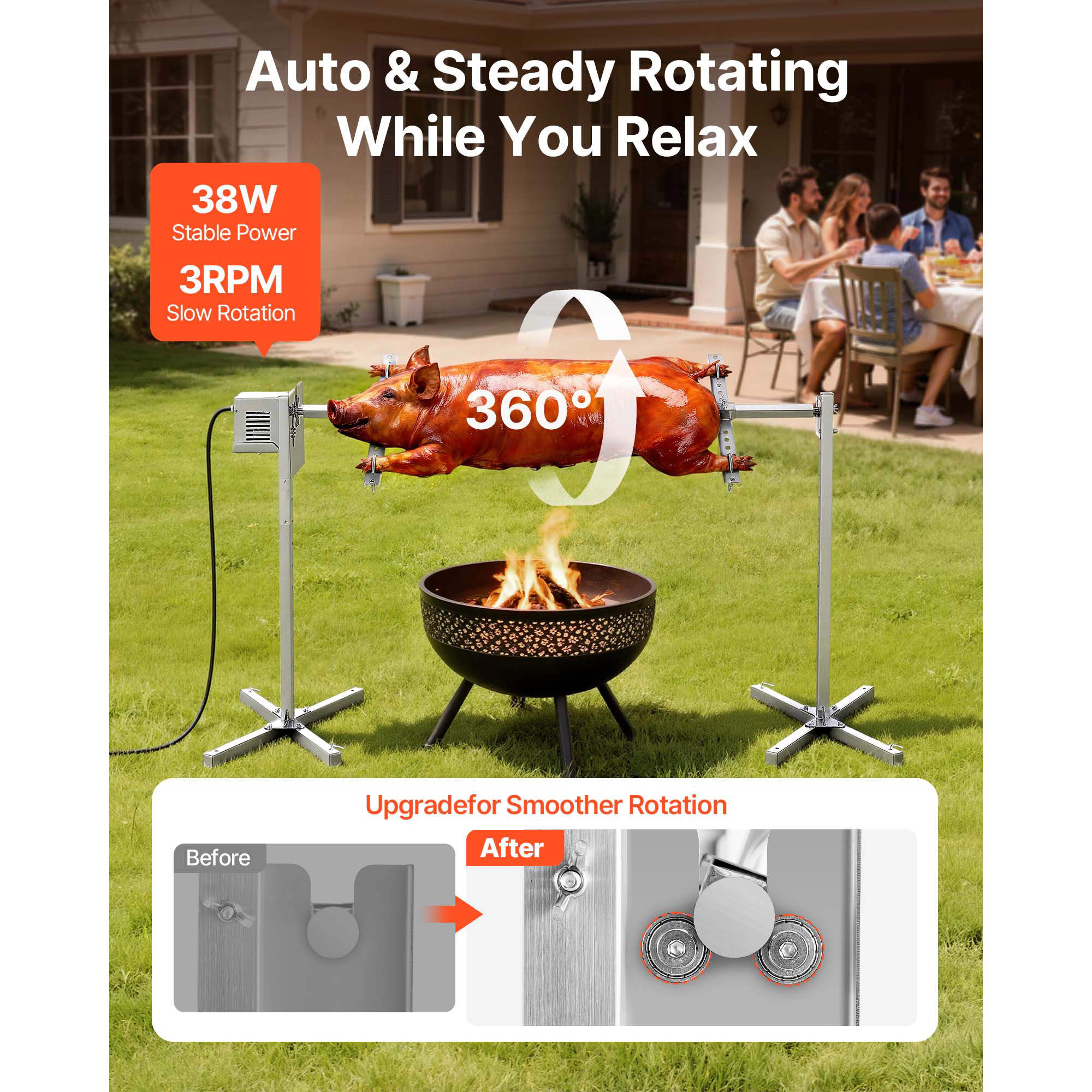 HONGGE Rotisserie Grill, AC120V 8 Level Height Electric Rotisserie Grill Kit