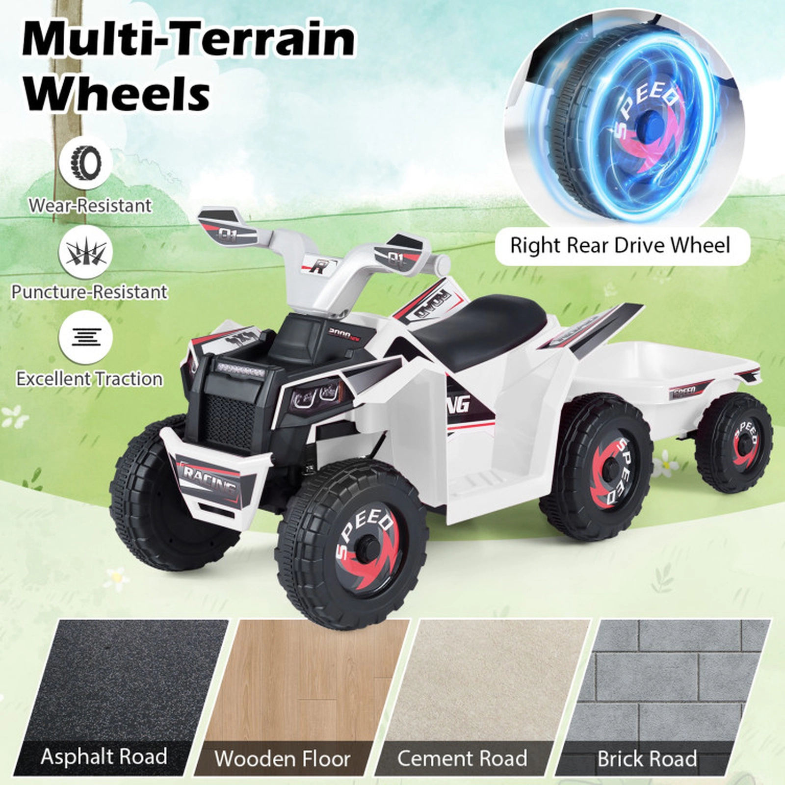 SUGIFT 6V Battery-Powered Kids Electric ATV Quad Car with Detachable Trailer 66-lb Capacity Ages 3+ 41-in Long White