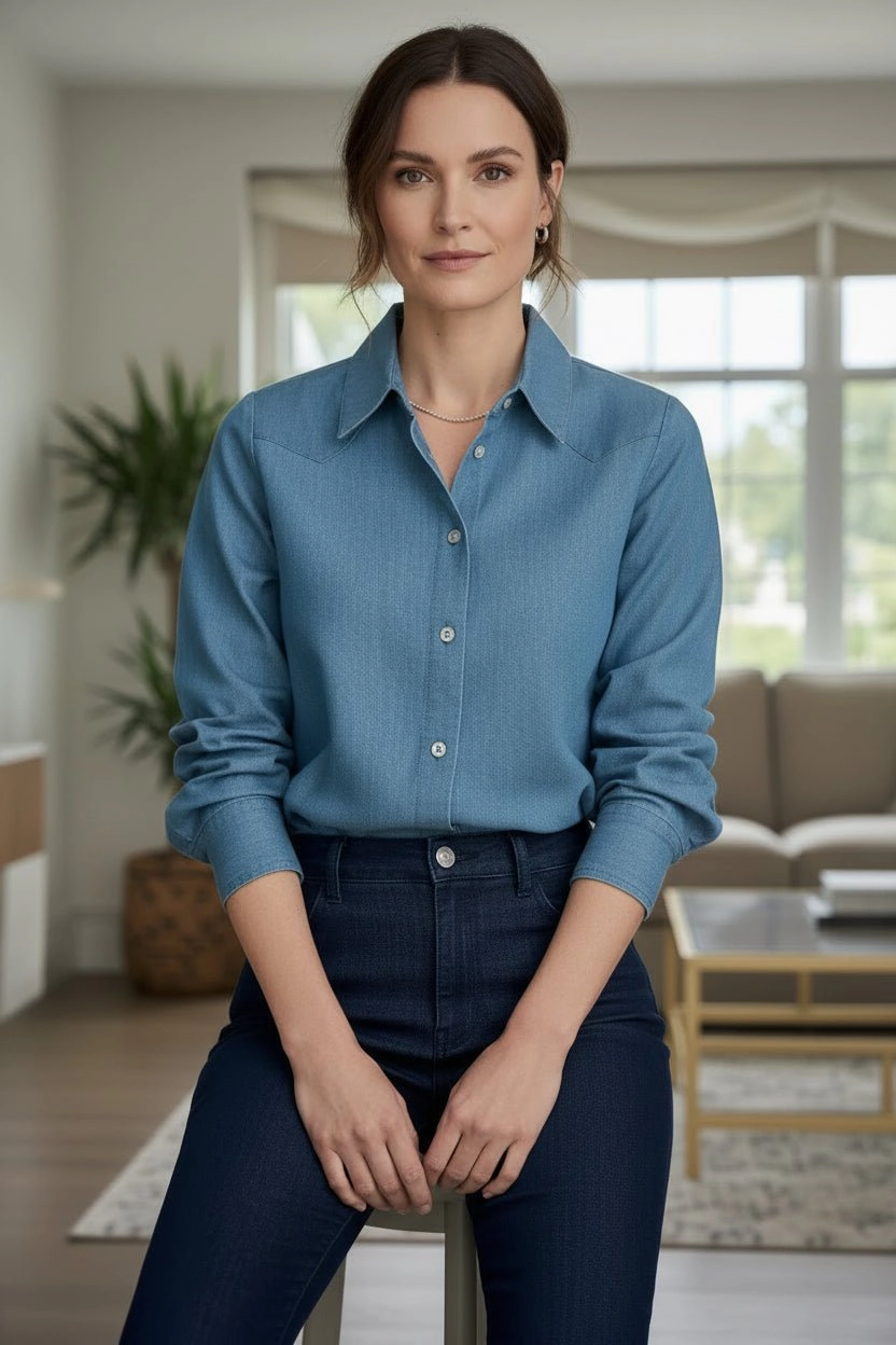 DressAtR Women's Light Blue Denim Full Cuff Sleeve Button Front Shirt