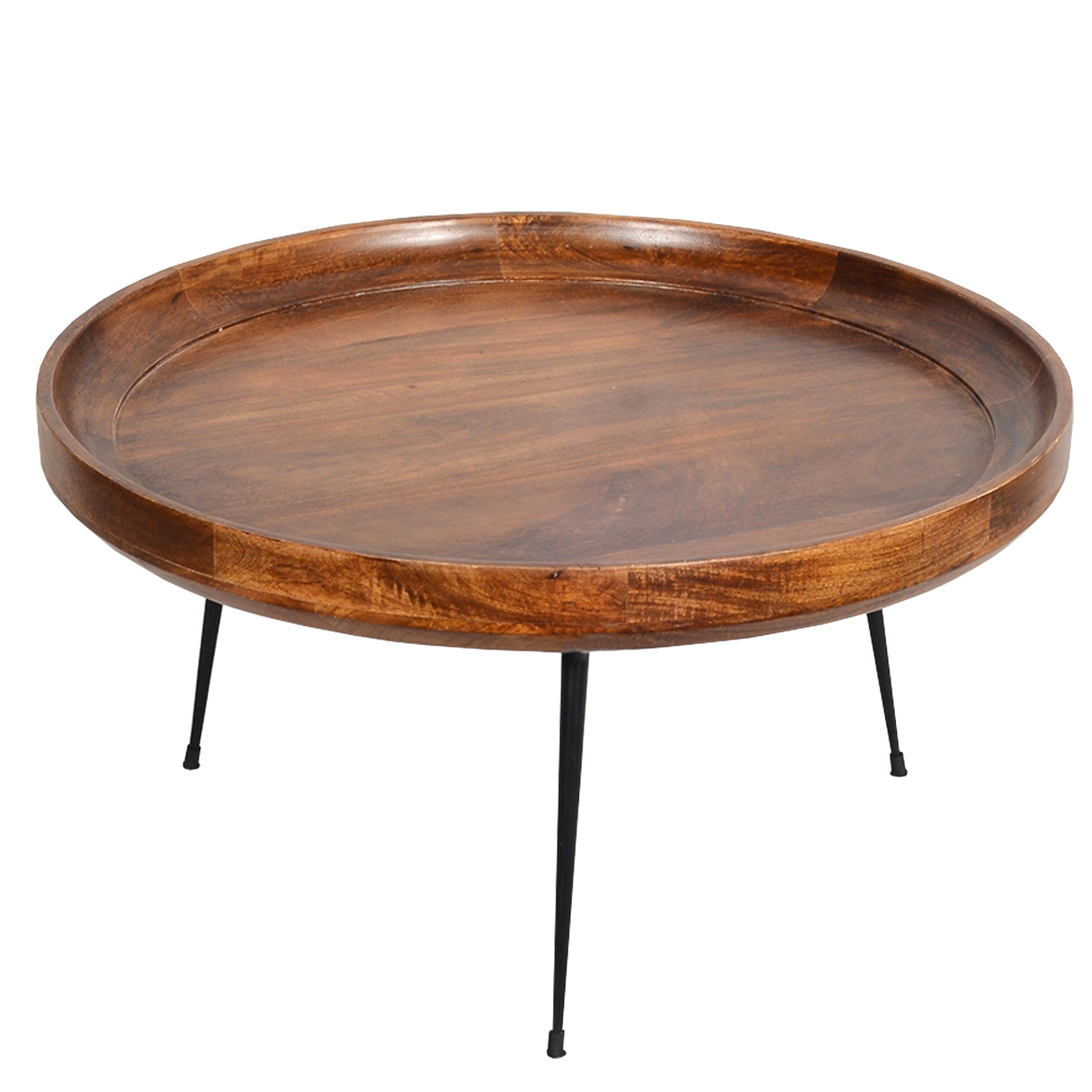 The Urban Port Handcrafted Round Mango Wood  Coffee Table with Tray Top,  Dark Walnut Brown, Black Iron Legs