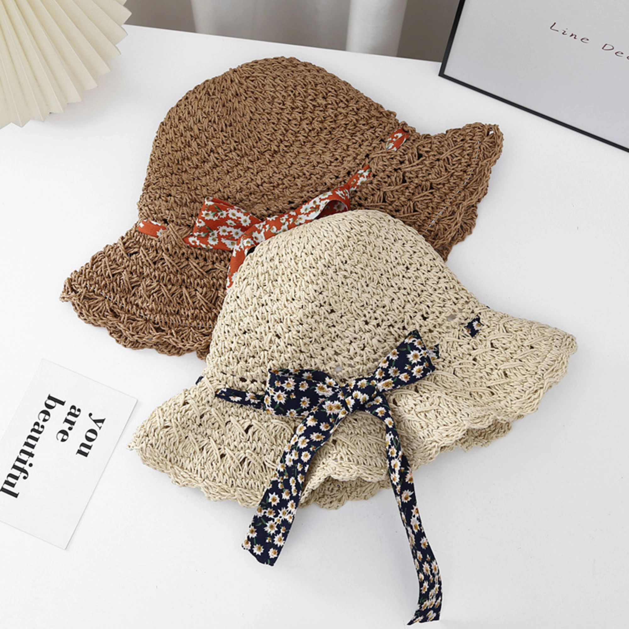 Anna-Kaci Women's Women Woven Straw Sun Hat Wide Brim Lightweight with Floral Ribbon Tie Detail