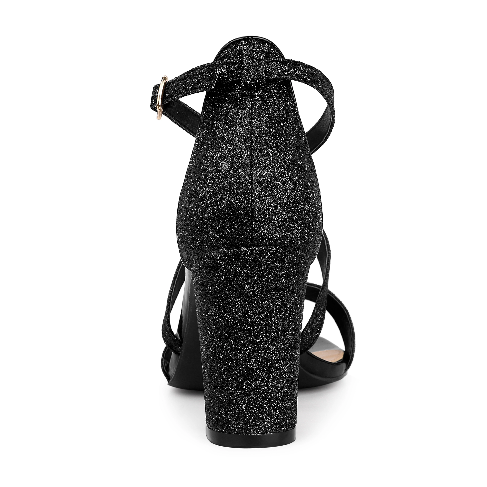 BLISSFUL STEP Women's Glitter Crisscross Strap Open Toe Block Heel Sandals
