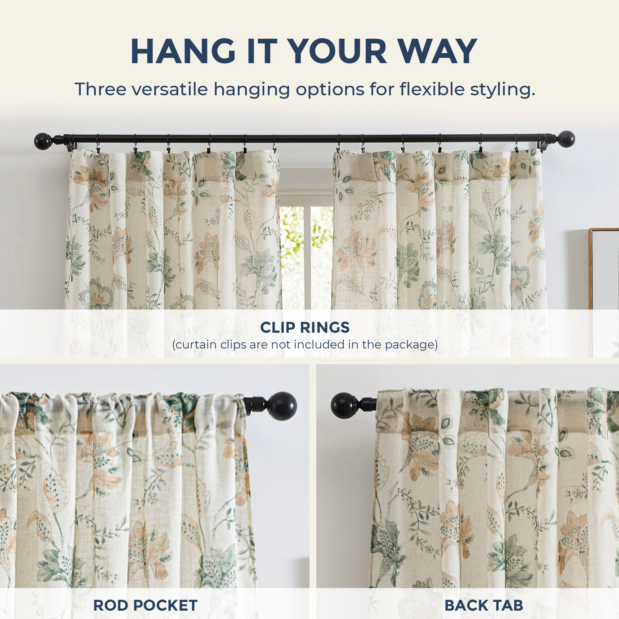 HLC.ME Spring Bloom Linen Floral Print Patterned Curtains - Back Tab Pocket Window Flower Curtains Panels - Set of 2