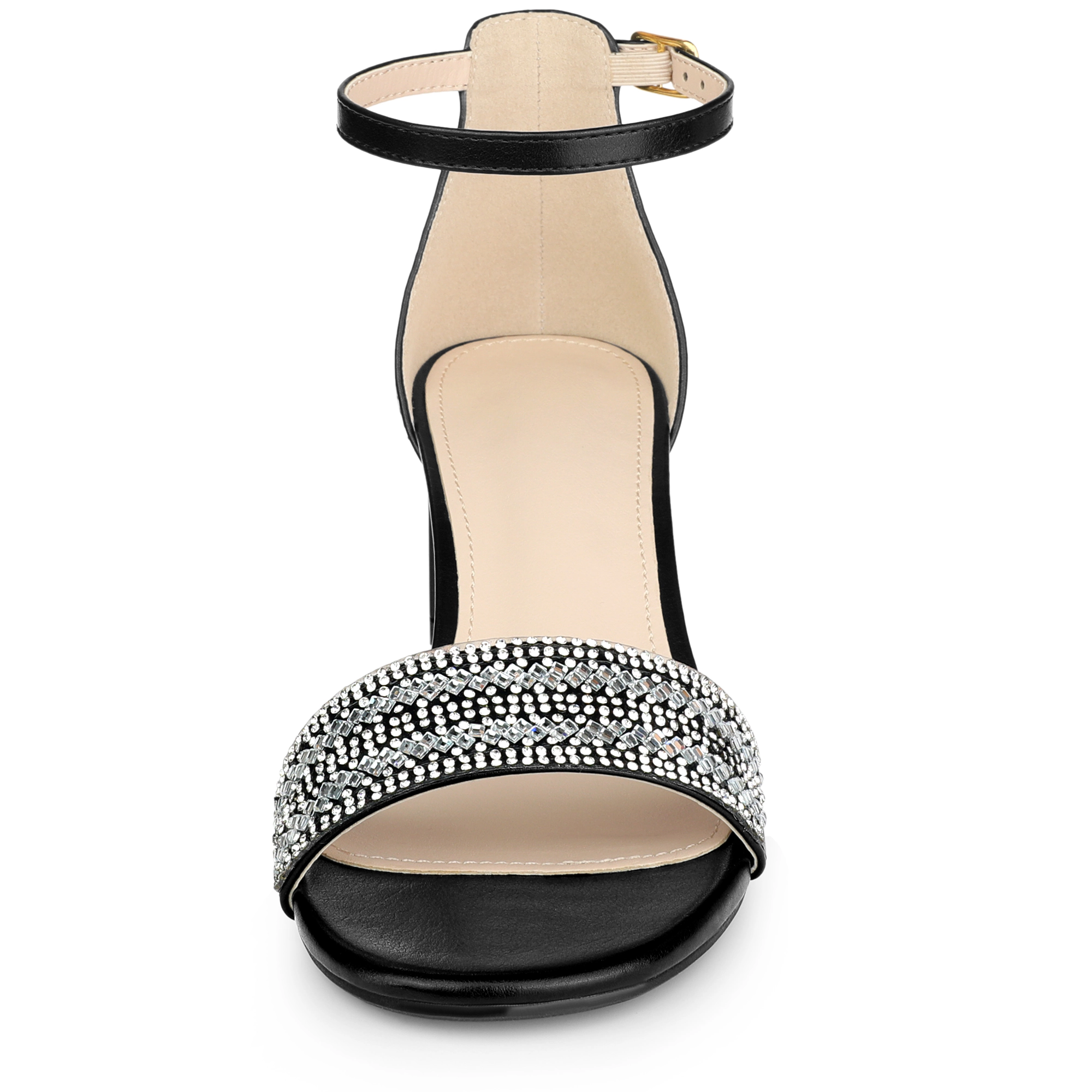 BLISSFUL STEP Women's Sparkly Rhinestone Ankle Strap Chunky Heel Sandals