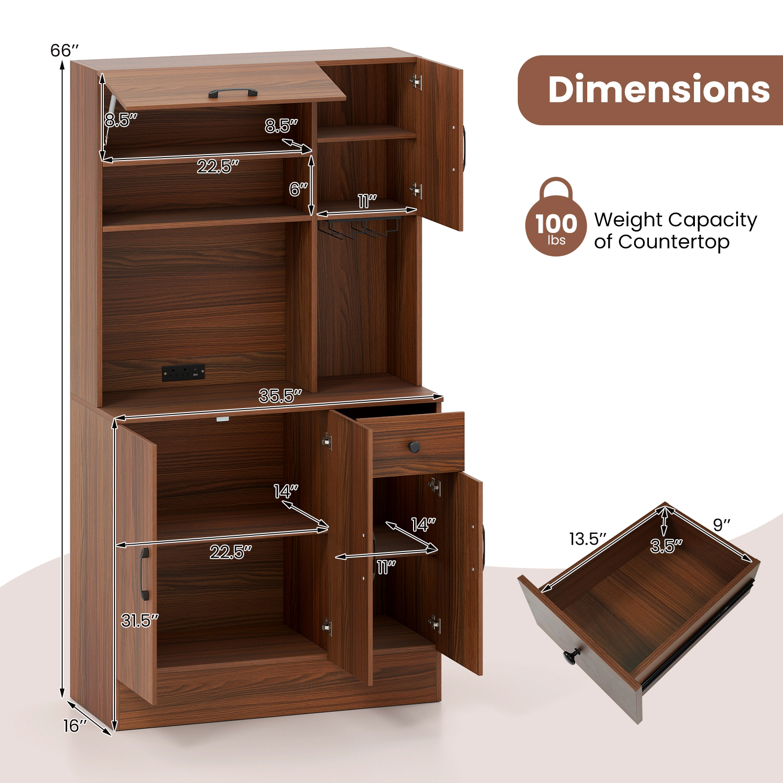 Glintex 66-Inch Pantry Cabinet with Gas-Strut Flip-Up Door and Charging Station, Brown