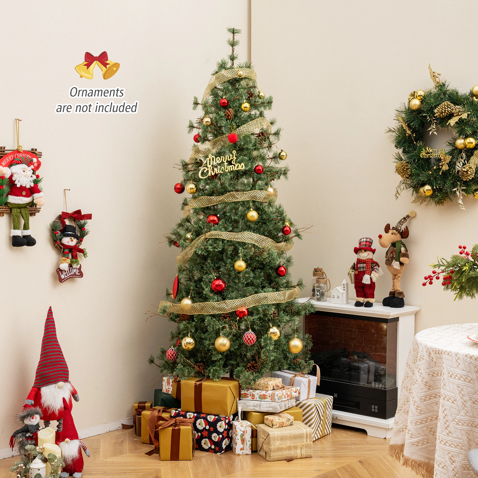 SUGIFT 7 ft Pre-Lit Christmas Tree with 502 Branch Tips 300 Warm White LEDs and 28 Pine Cones