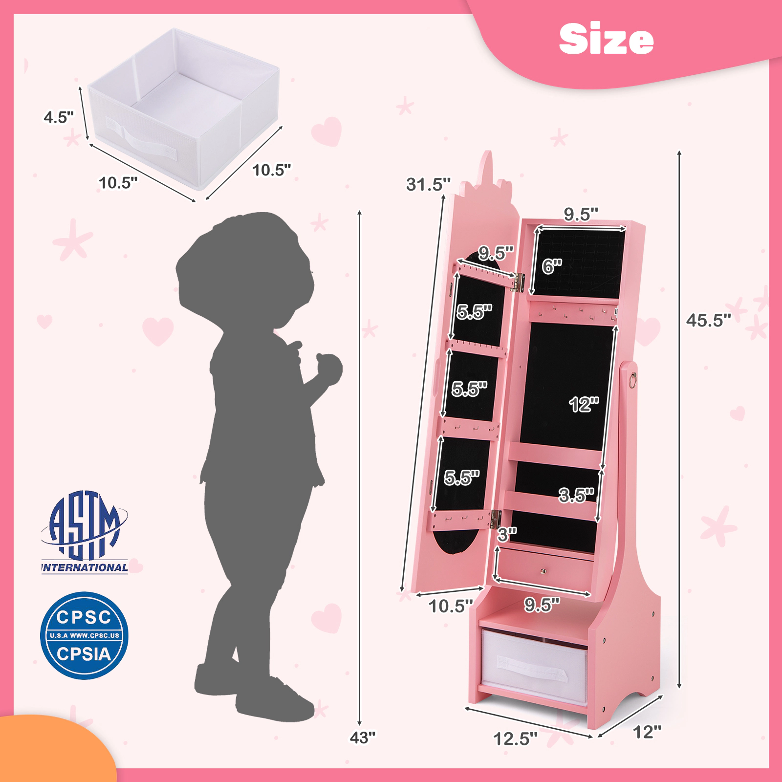 SUGIFT Full Length Mirror and 2 Tilt Angles Kids Jewelry Armoire Cabinet