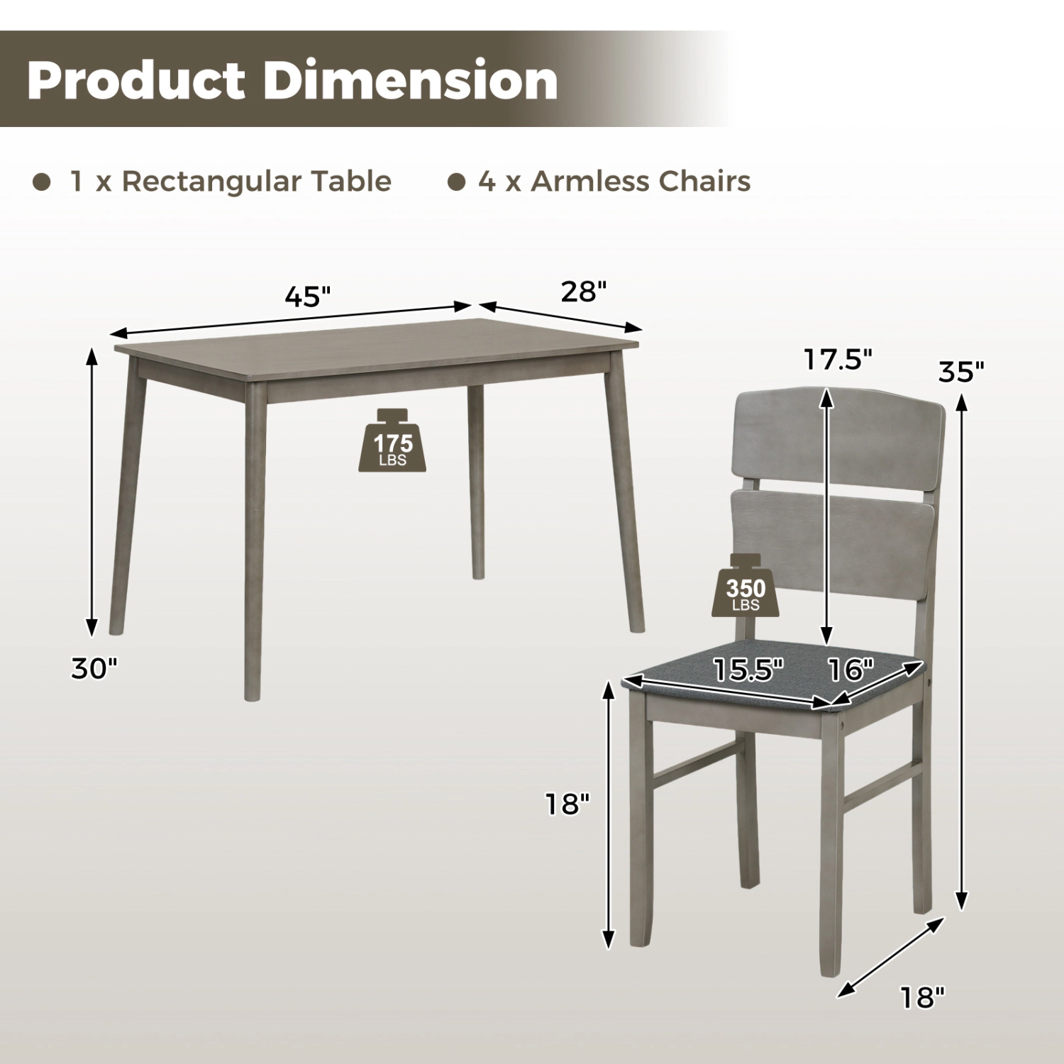 LJG 5-Piece Dining Table Set with High Curved Back for 4 People