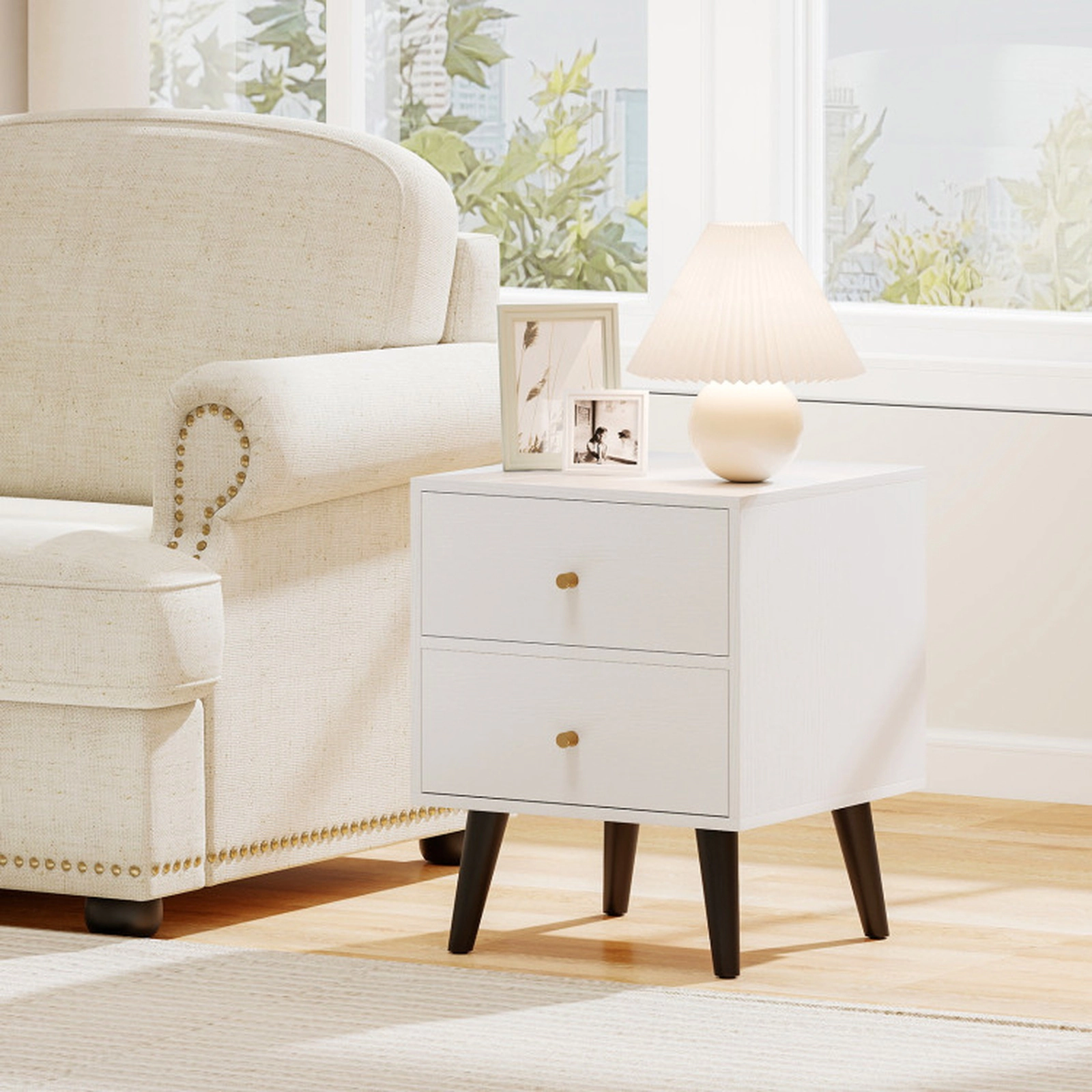 SUGIFT Mid Century Modern Nightstand 2 Drawers Golden Handles & Raised Legs 66-lb Tabletop Capacity White