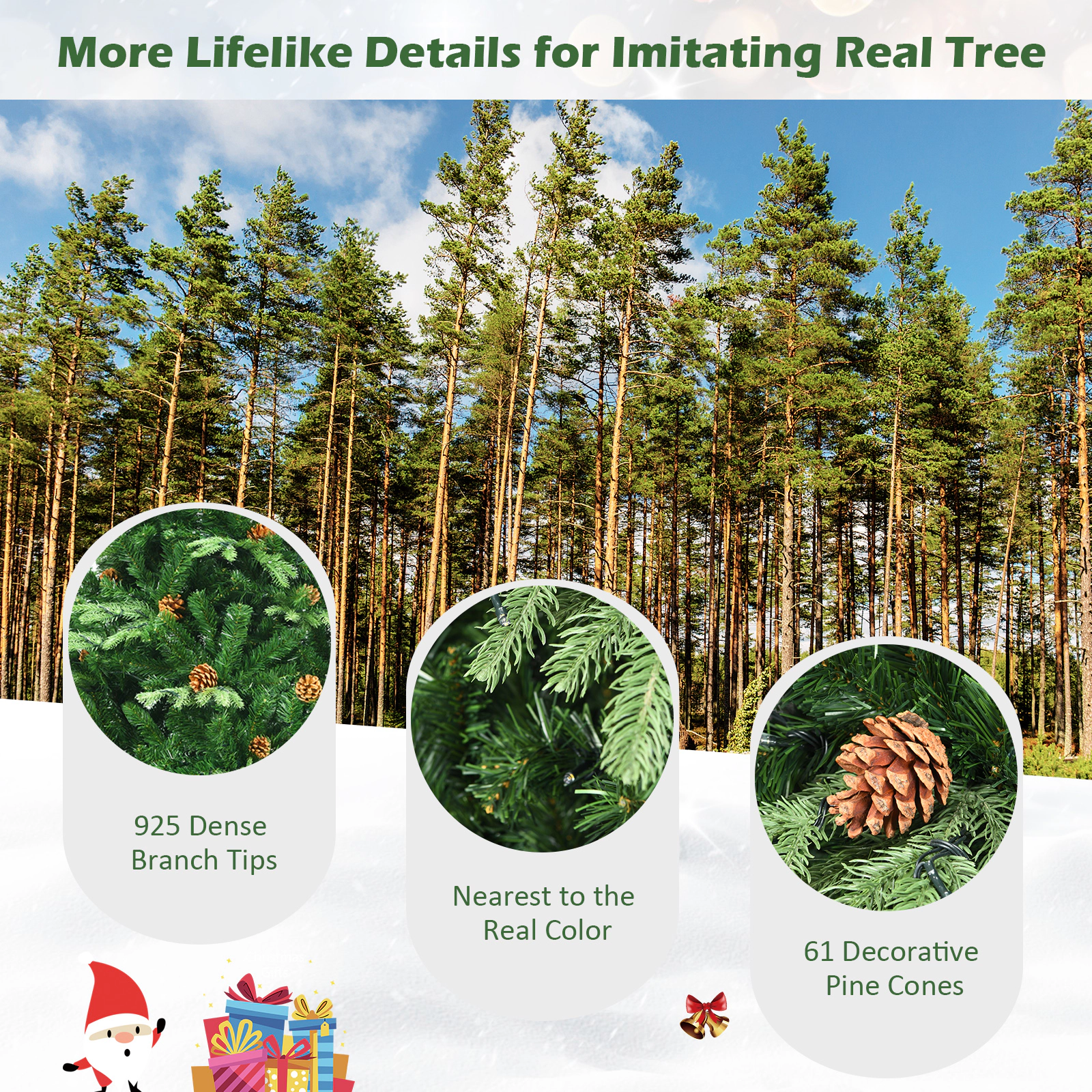 Glintex 7-Ft Pre-Lit Christmas Tree with 460 LED Lights and 61 Pine Cones, Green