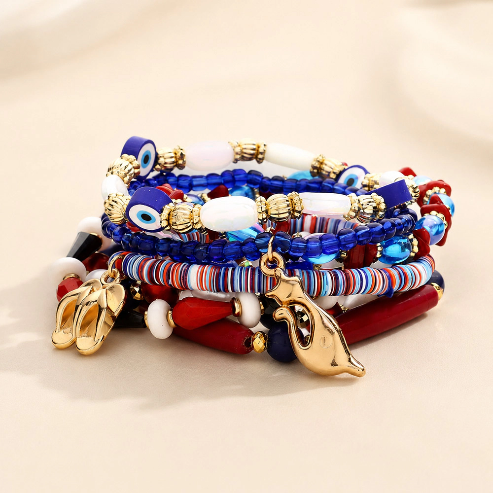 FASHNZFAB 8PCS - Metal Flip Flops Leaf Cat Charm Evil Eye Pointed Various Beads Beaded Stretch Multi Layered Bracelet