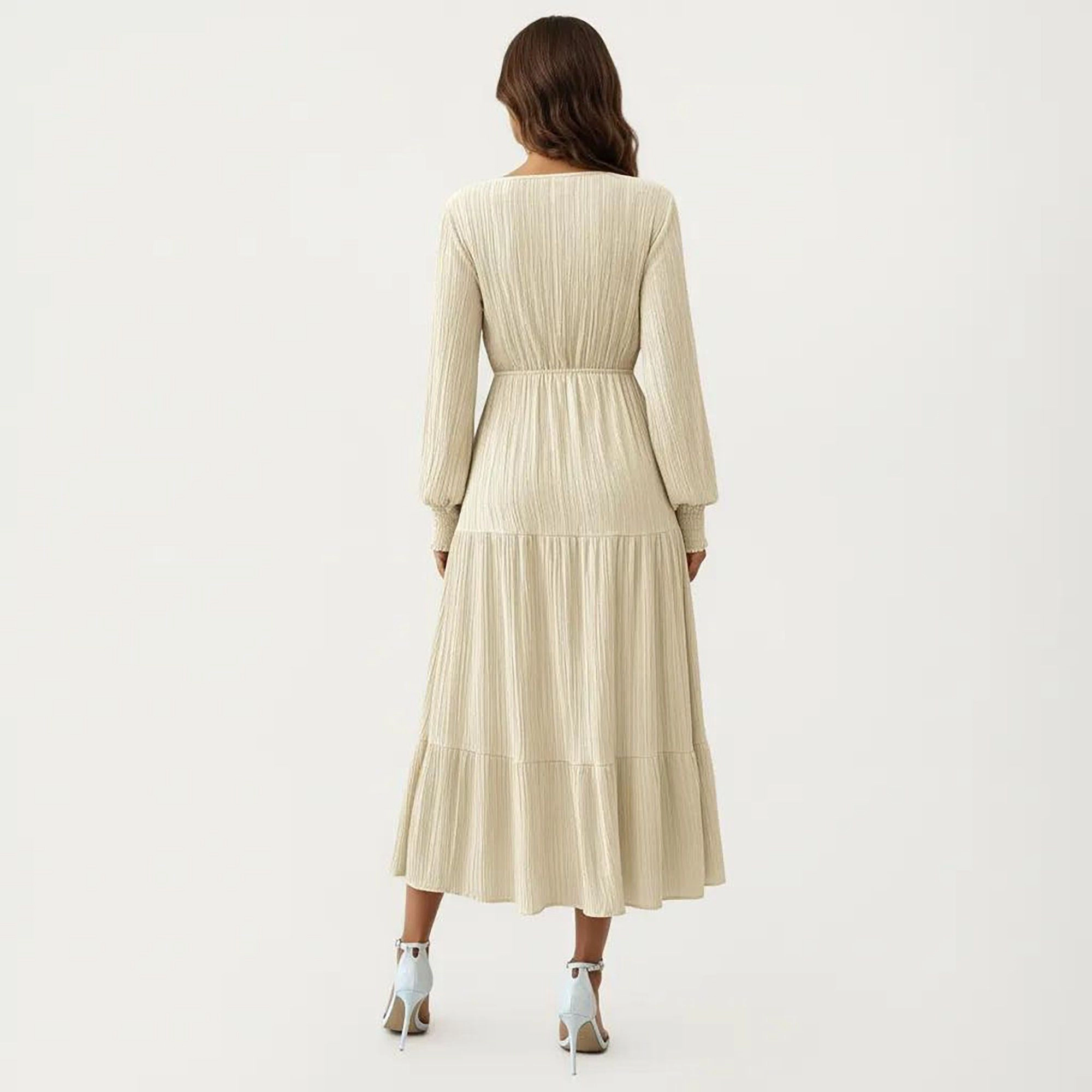 Anna-Kaci Women's Pleated V Neck Long Sleeve Waist Tie Dress
