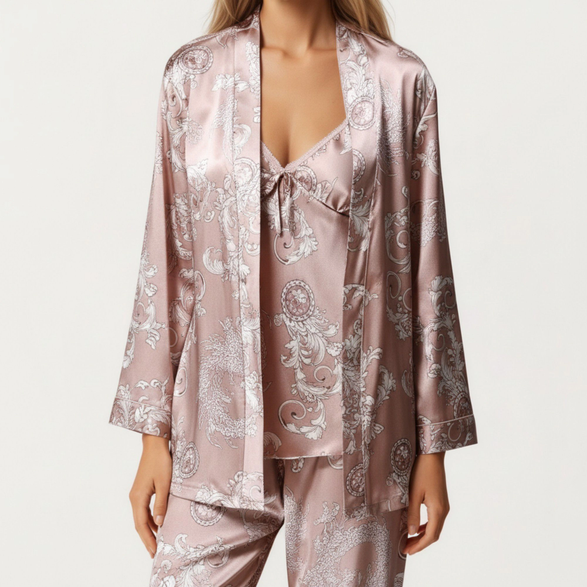Anna-Kaci Women's 3-Piece Satin Baroque Print Pajama Cami with Matching Robe and Relaxed Straight Leg Pants