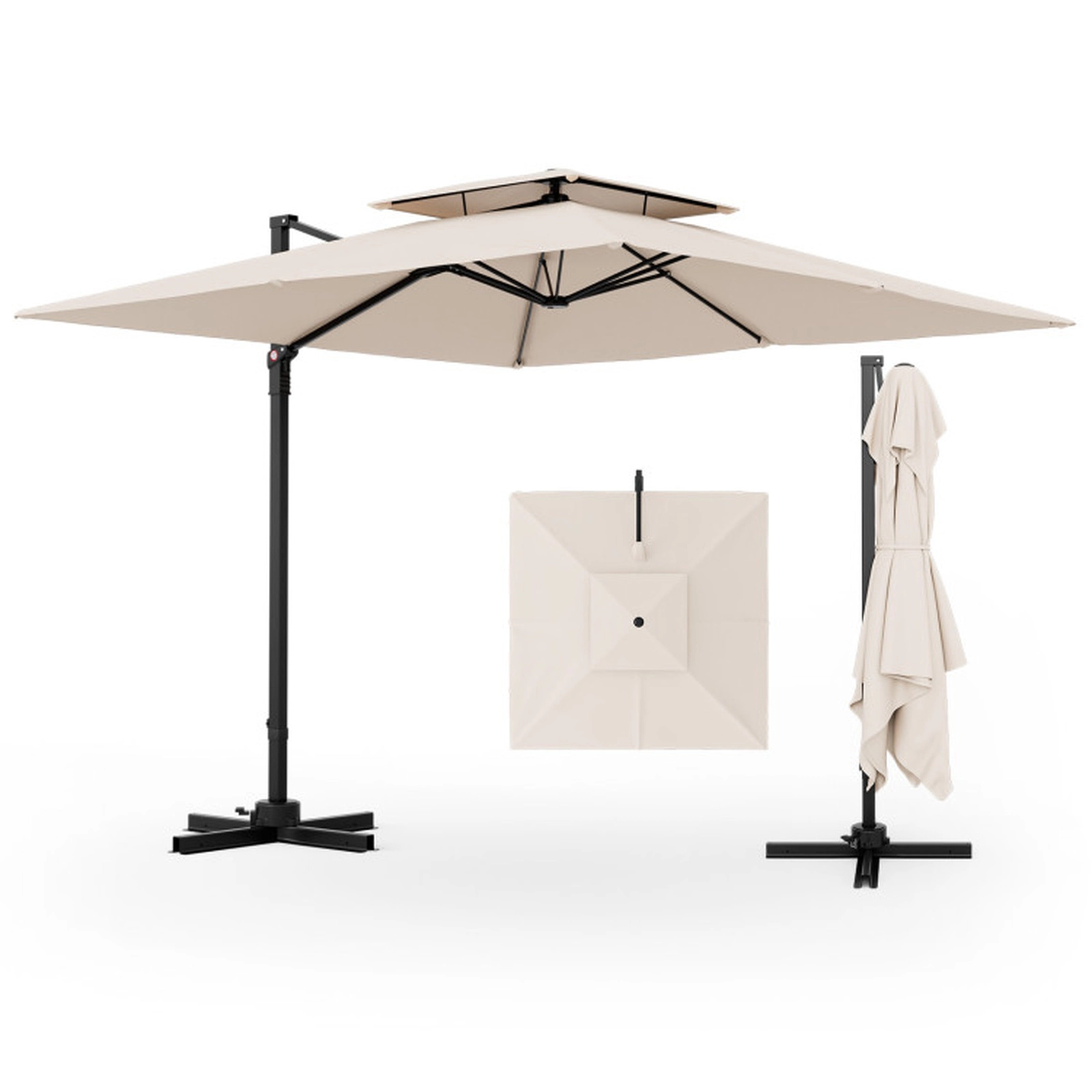 SUGIFT Beige Double Top and 360-Degree Rotation 9.5 FT Square Cantilever Patio Umbrella