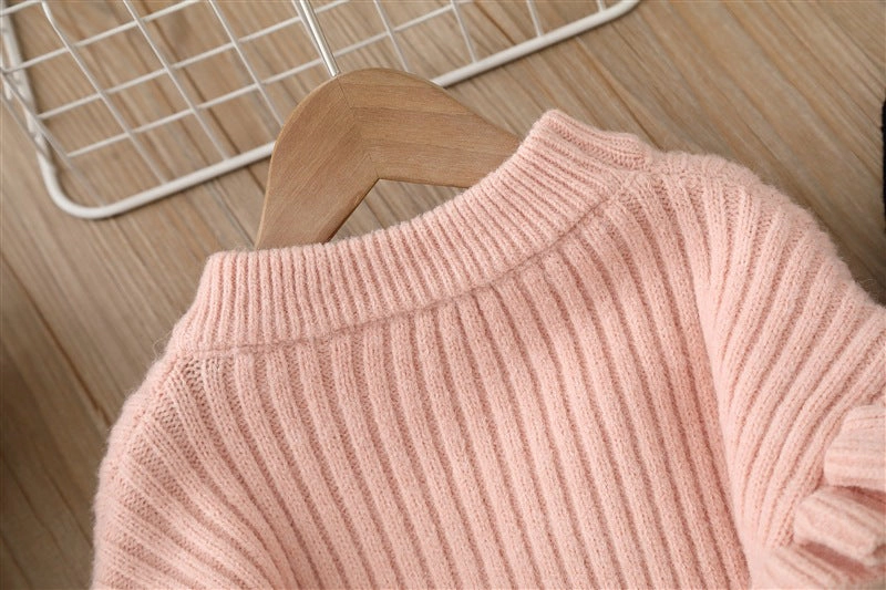 MyKids-USA Baby Solid Color Bow Patched Sweater With Pants Sets