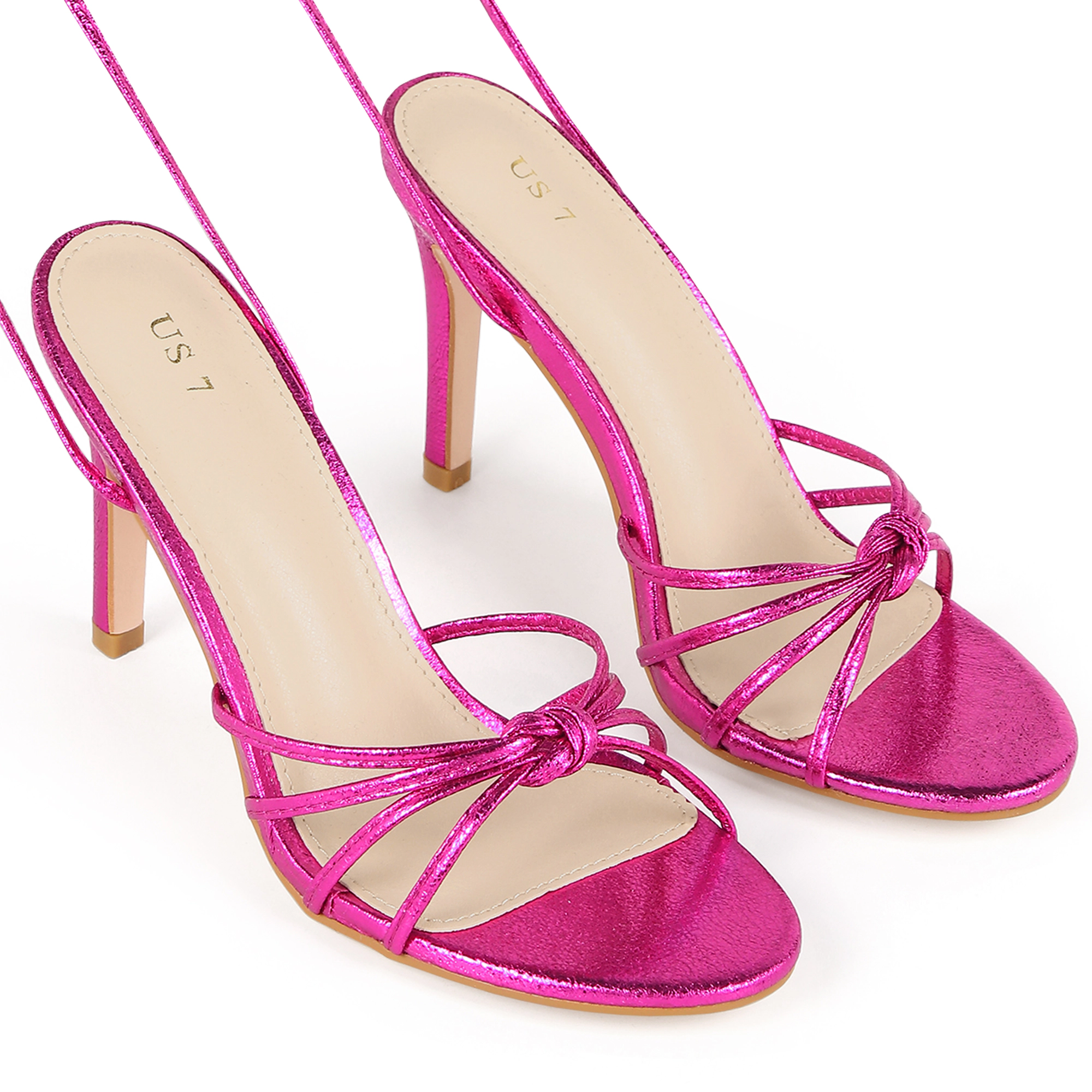BLISSFUL STEP Women's Metallic Knot Strappy Lace Up Open Toe Stiletto Heel Sandals