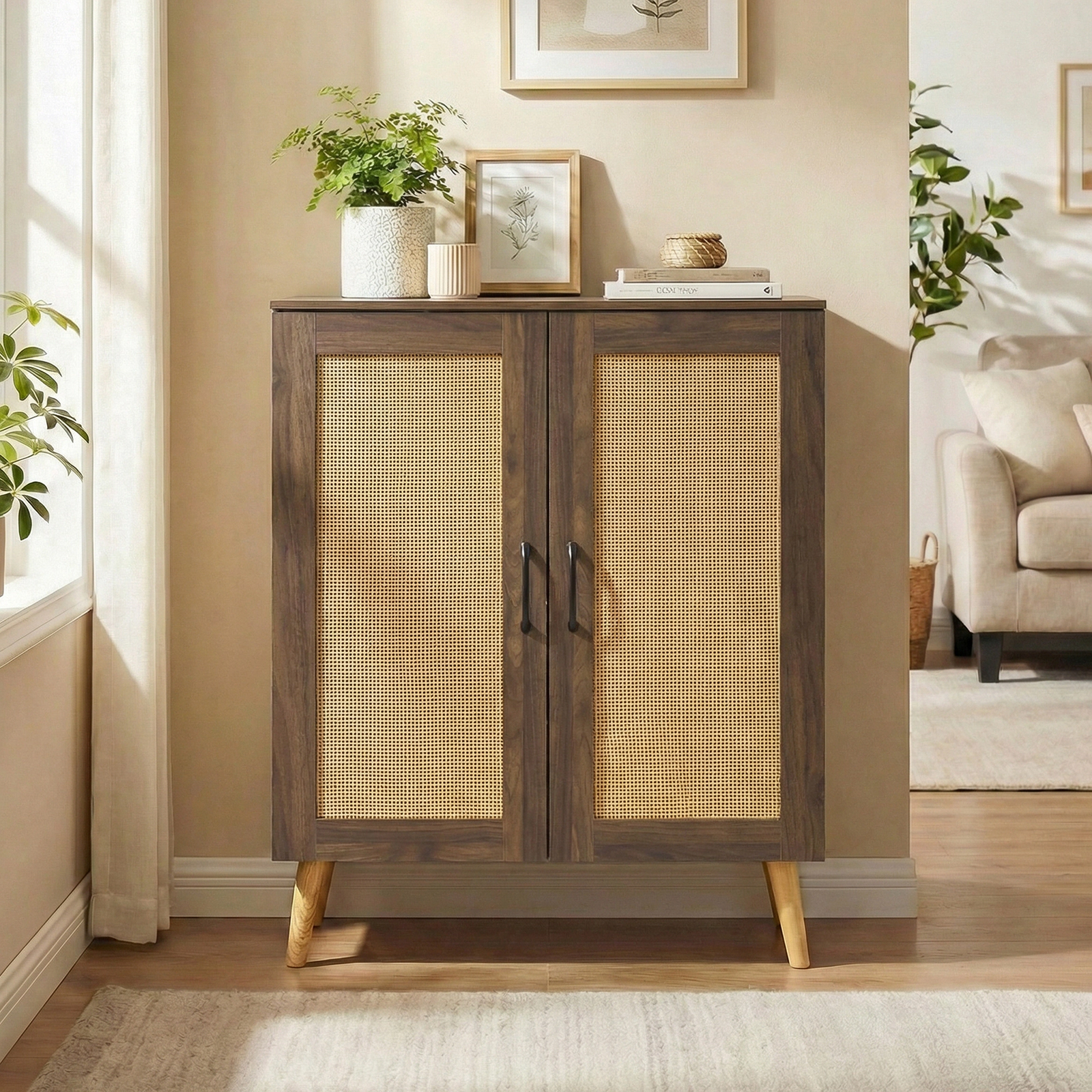 SUGIFT 5-Tier Walnut 37-in Tall Rattan Shoe Cabinet with 3 Removable Shelves and Solid Rubber Wood Legs