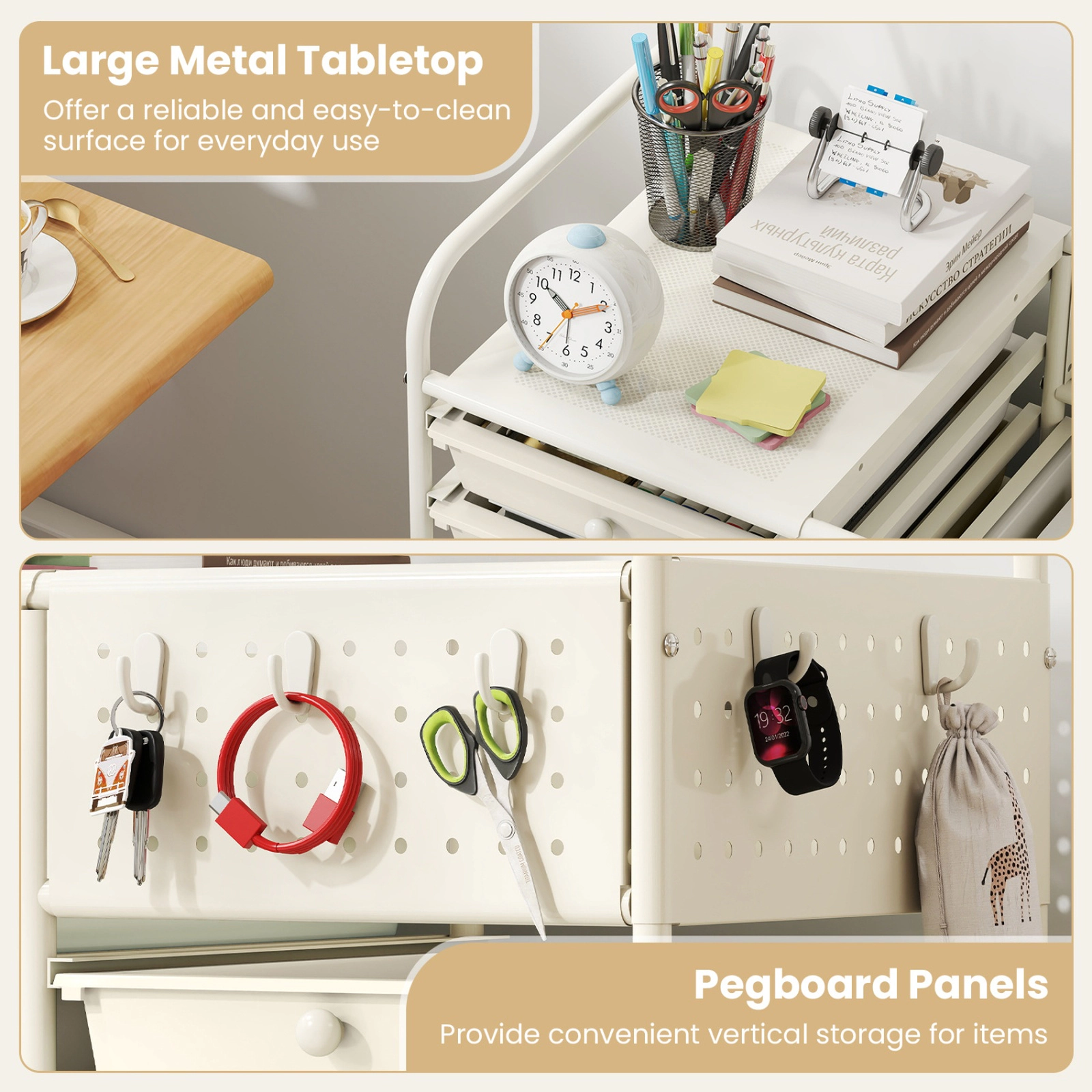 SUGIFT 14-Drawer Rolling Storage Cart with Metal Tabletop and Pegboard 34.5-in Tall White
