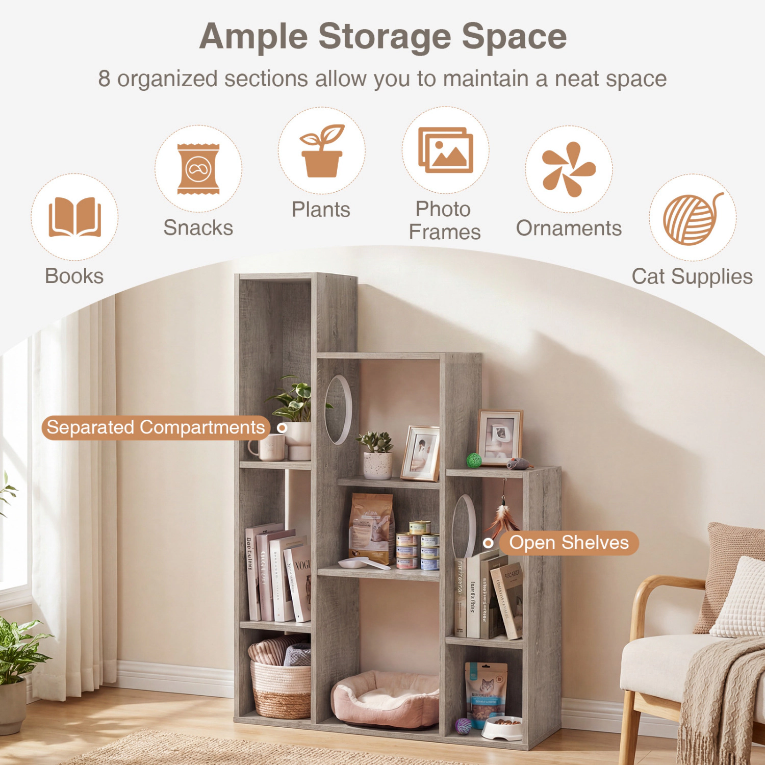 LJG Modern Cat Bookshelf Tree 8-Section Storage Cabinet with 2 Round Holes