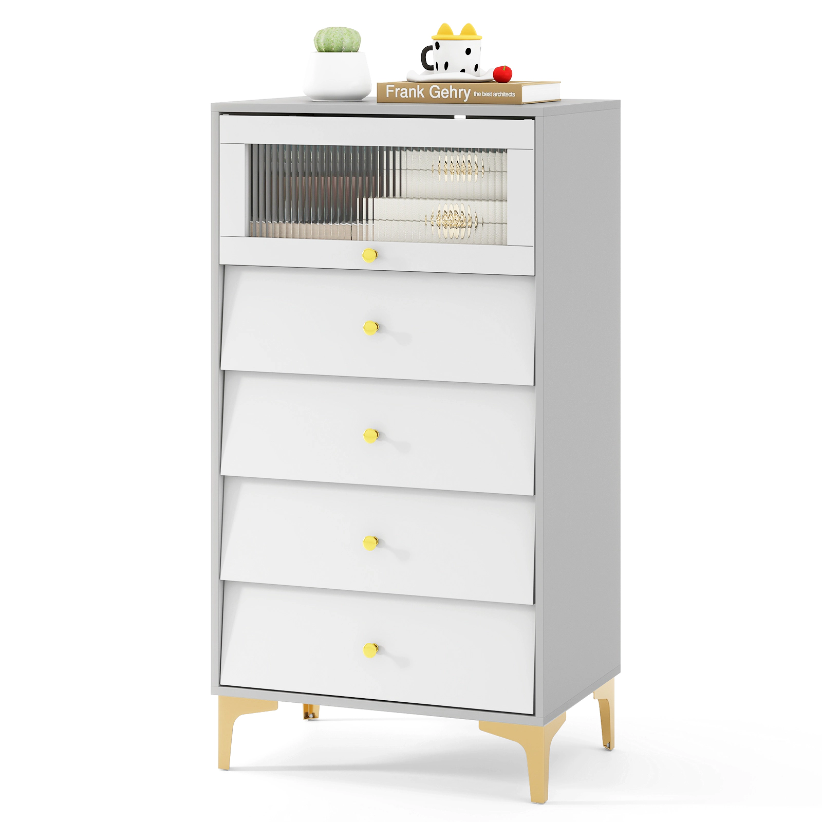 Slickblue Bedroom Storage Cabinet with 4 Drawers and Fluted Tempered Glass Door Gray White