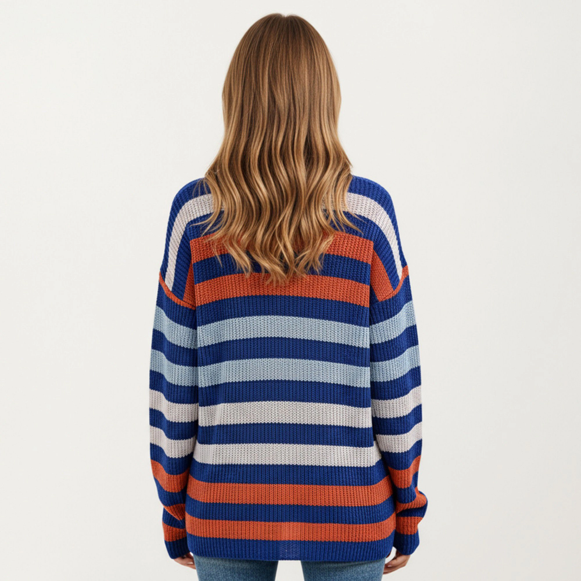 Anna-Kaci Women's Wide Striped Crew Neck Relaxed Fit Long Sleeve Knit Sweater