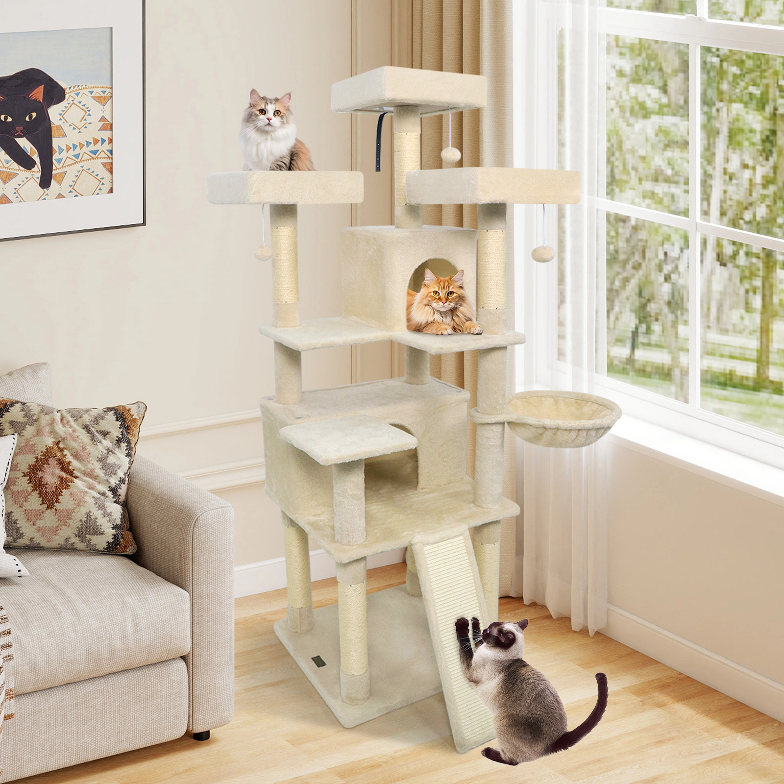 SUGIFT 65-in Tall Multi-level Cat Tree with 3 Upholstered Perches and 2 Cat Condos Beige