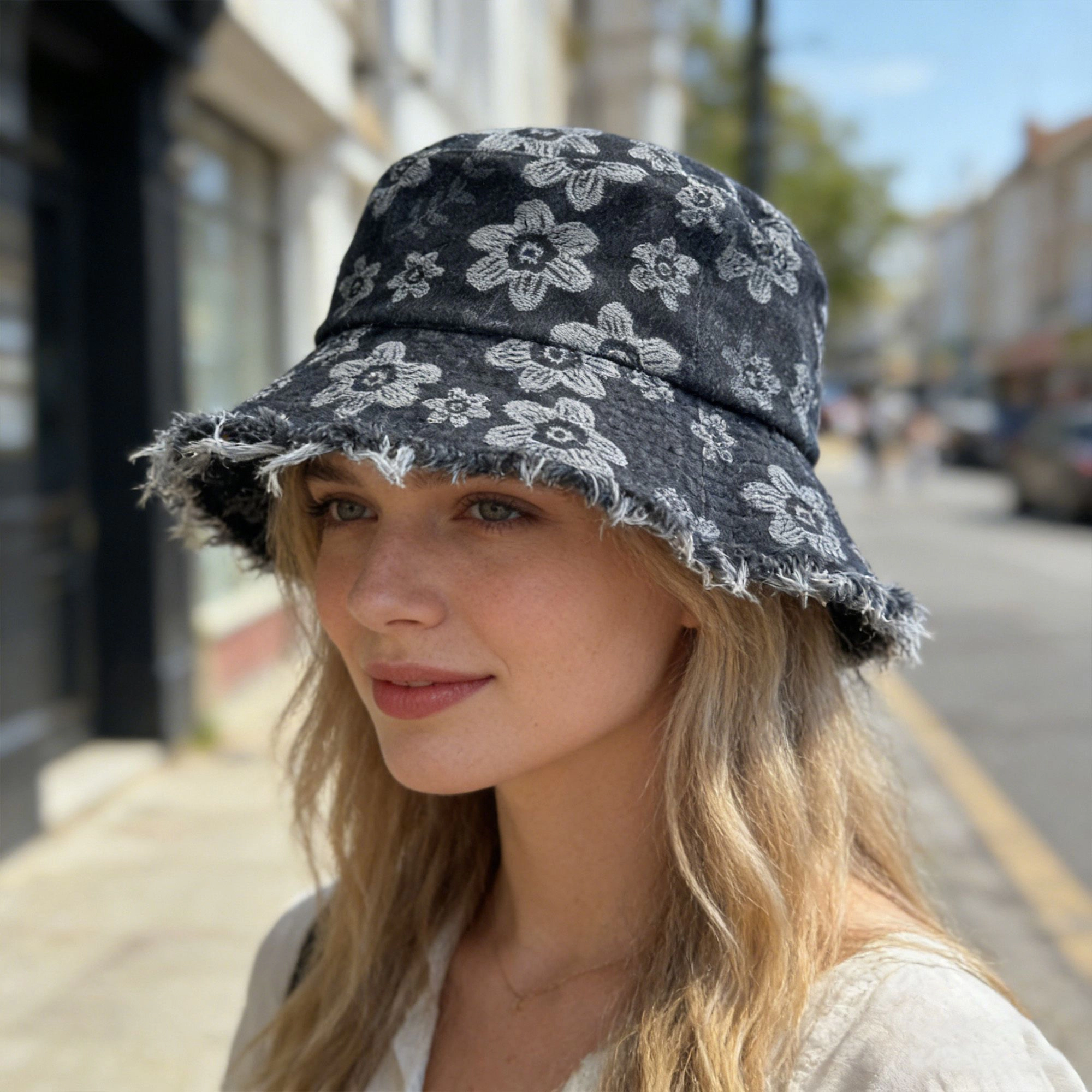 Anna-Kaci Women's Women Floral Bucket Hat Distressed Edge Casual Denim Style Sun