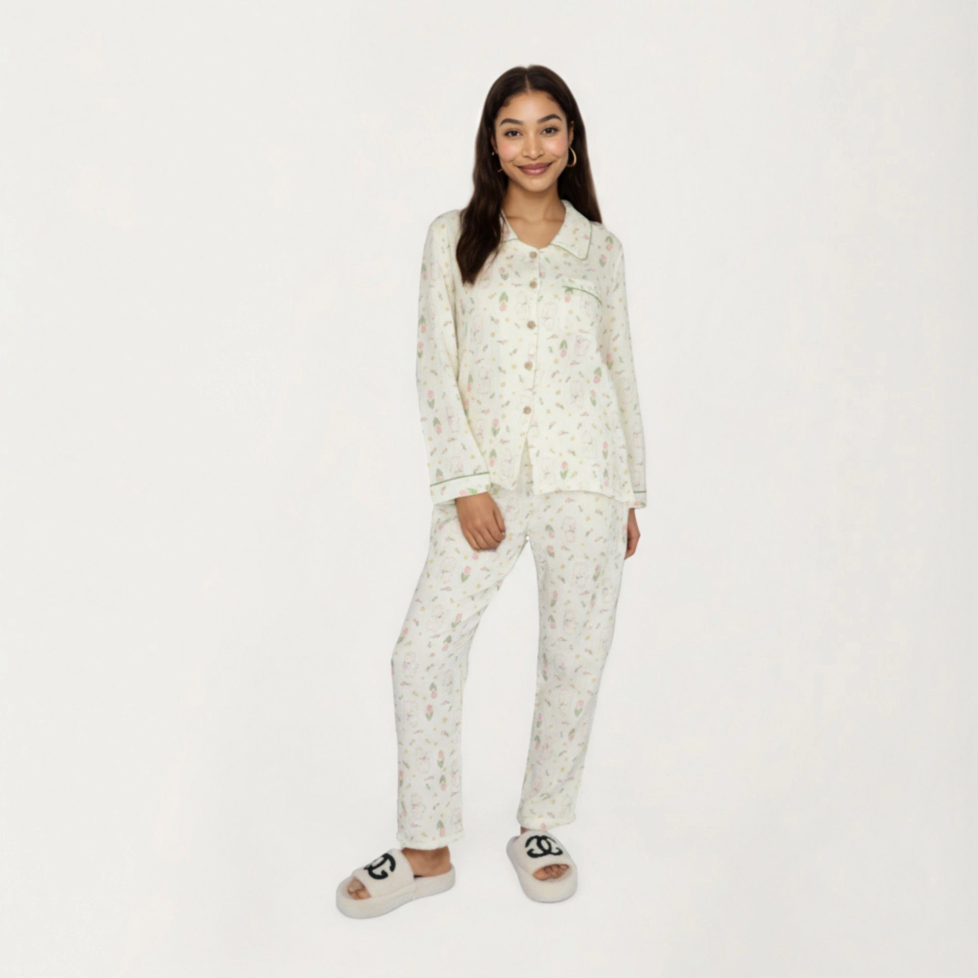 Anna-Kaci Women's 2-Piece Long Sleeve Button Front Top and Relaxed Fit Pants Pajama Set with Tulip Print