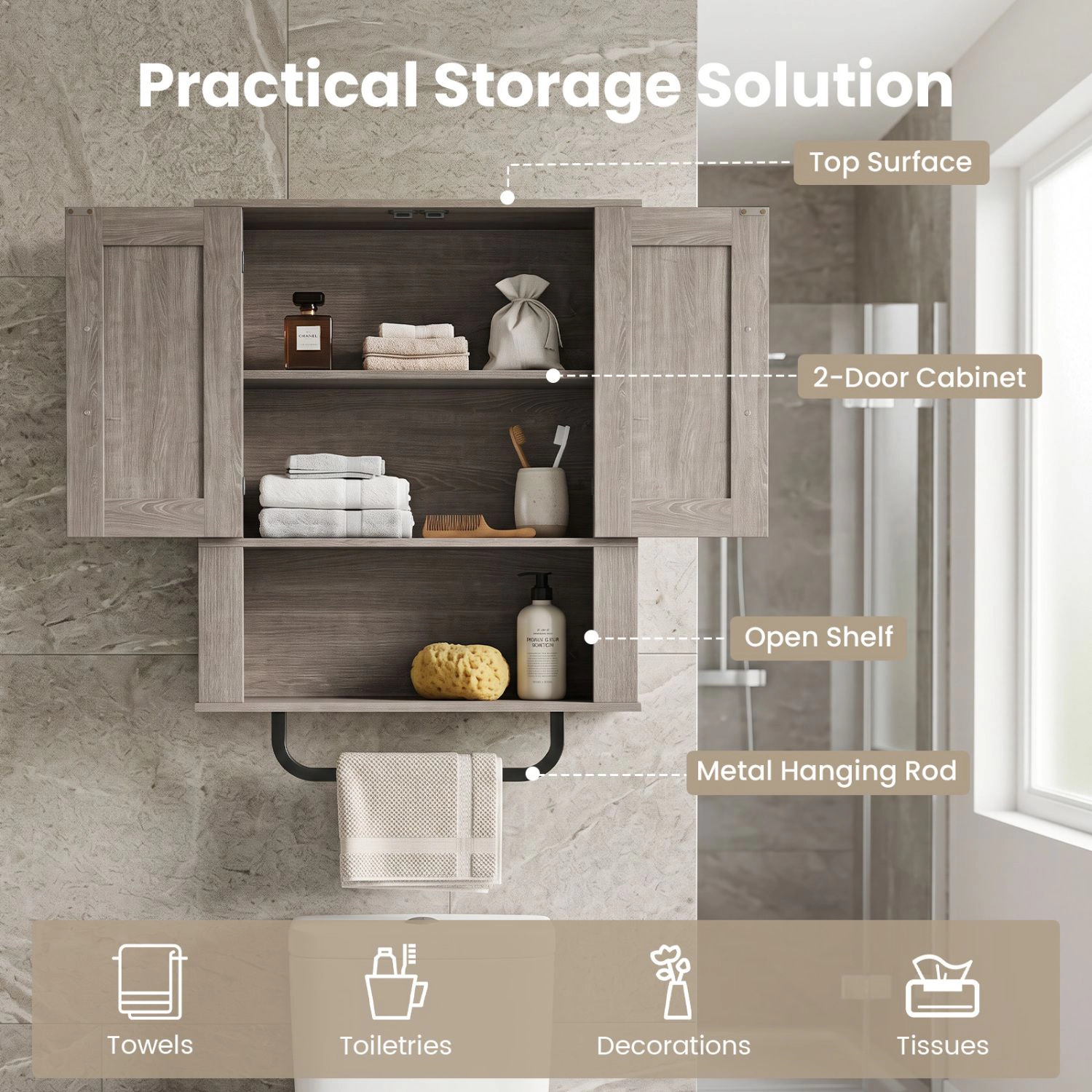 SlickBlue Bathroom Wall Cabinet with Doors, Open Shelf and Towel Rod