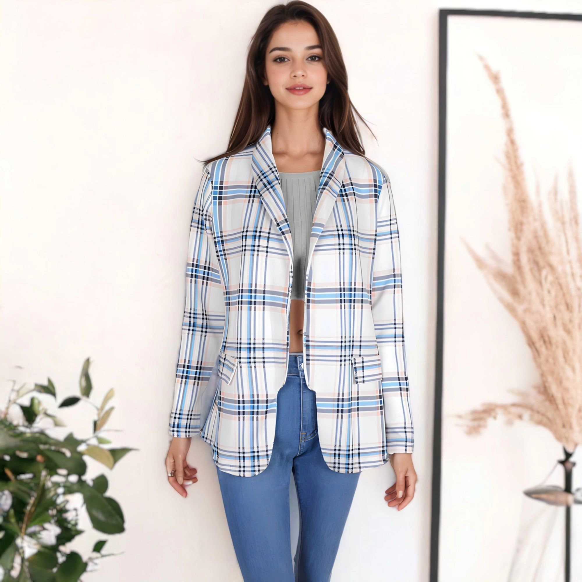 Anna-Kaci Women's Open Front Plaid Blazer Coat Jacket Long Sleeve Mock Front Pockets Formal Work Attire
