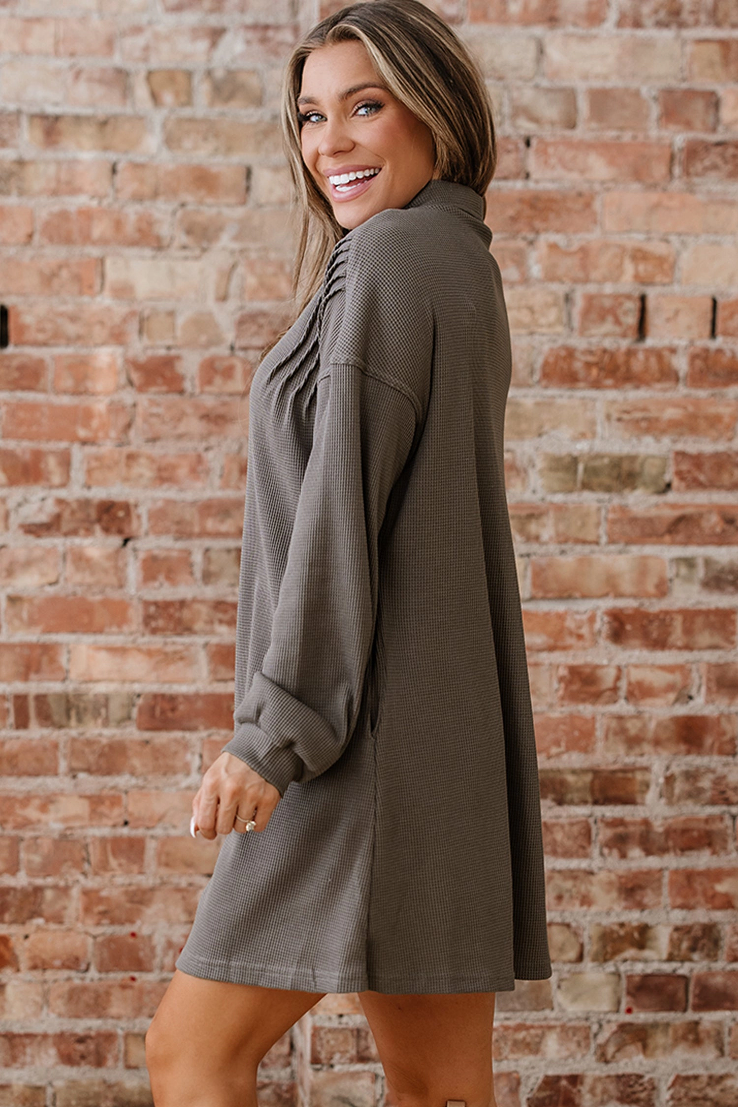 Threaded Pear Women's Viviana Taupe Waffle Knit Shirt