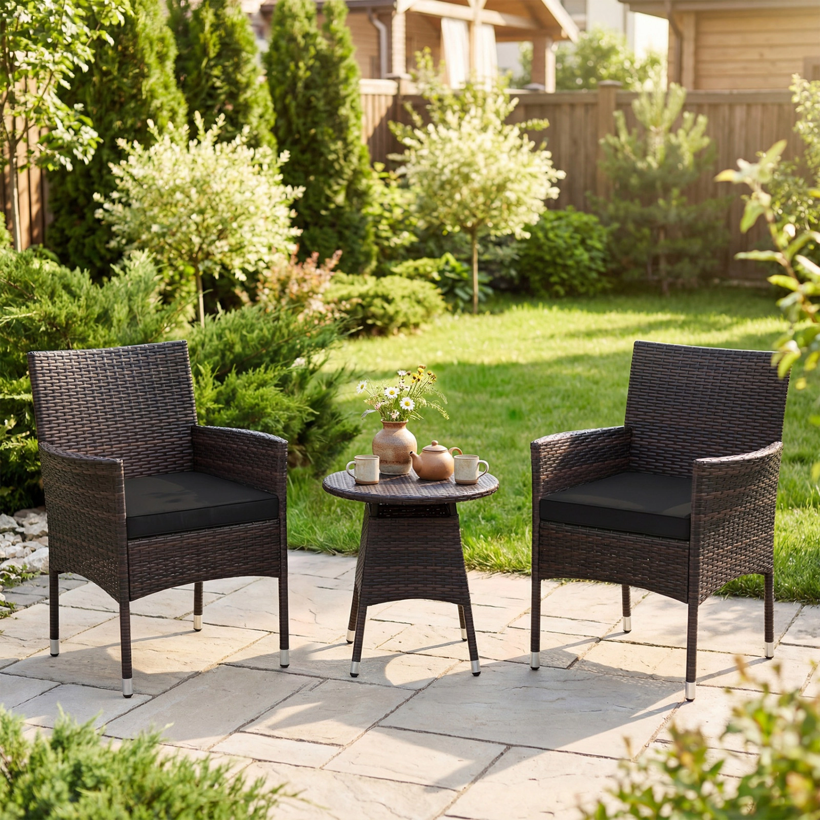 SUGIFT 3-Piece Mix Brown Rattan Outdoor Bistro Set with Reclined Lounge Chairs and Side Table