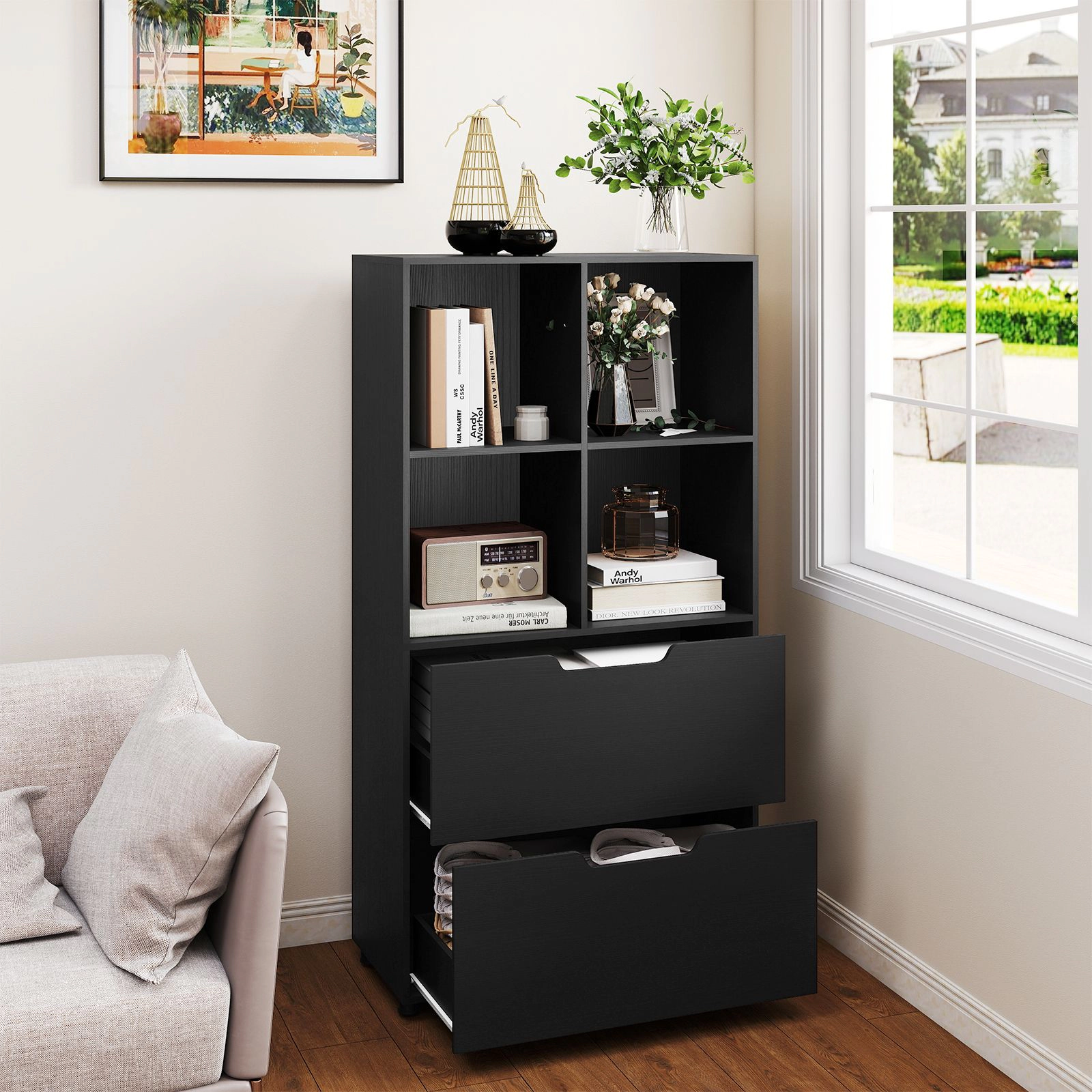 SlickBlue 51 Inch Bookcase with Drawers and Open Cube Storage Shelves