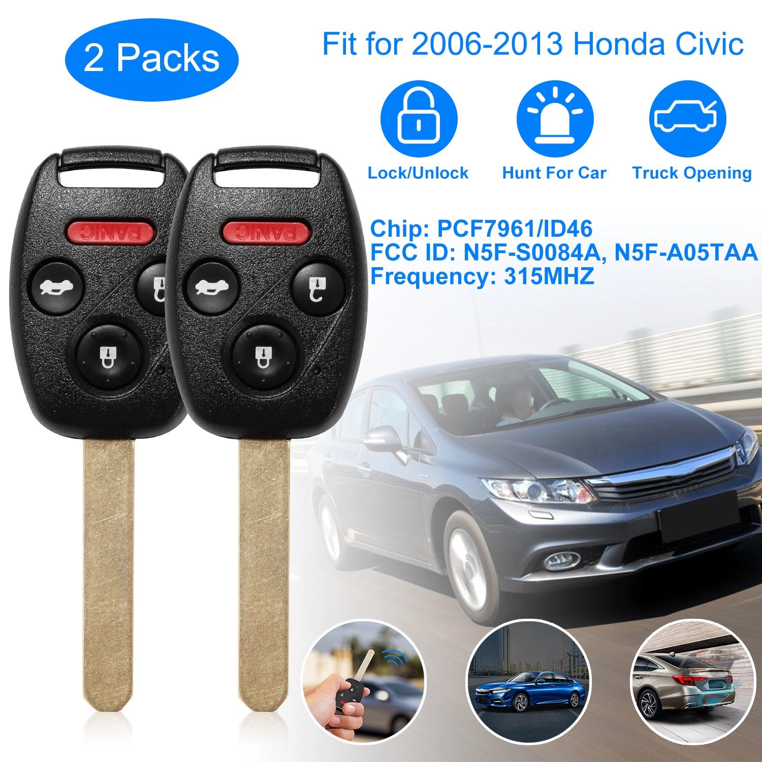 GBruno 2-Piece Remote Key Fob For Honda Civic 2006-2013