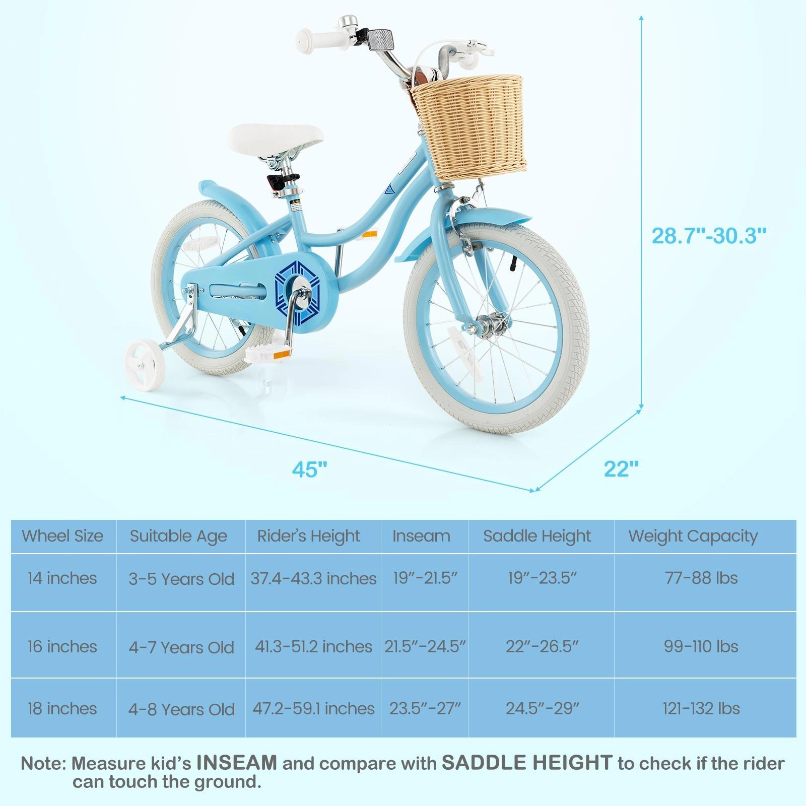 SUGIFT 16-Inch Kids Bike with Training Wheels Hand and Coaster Brakes 99-110-lb Capacity Ages 4-7 Blue