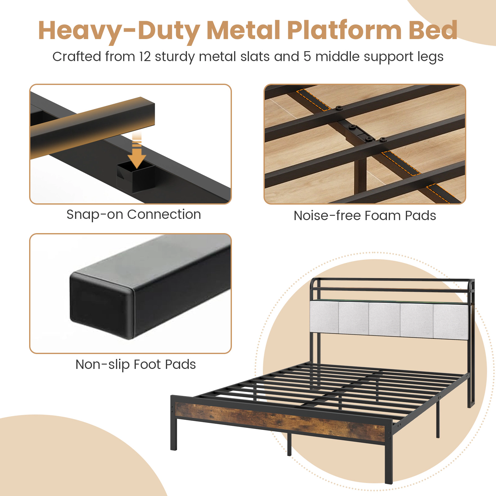 LJG Twin/Full/Queen/King Size Bed Frame with LED Light and Charging Station