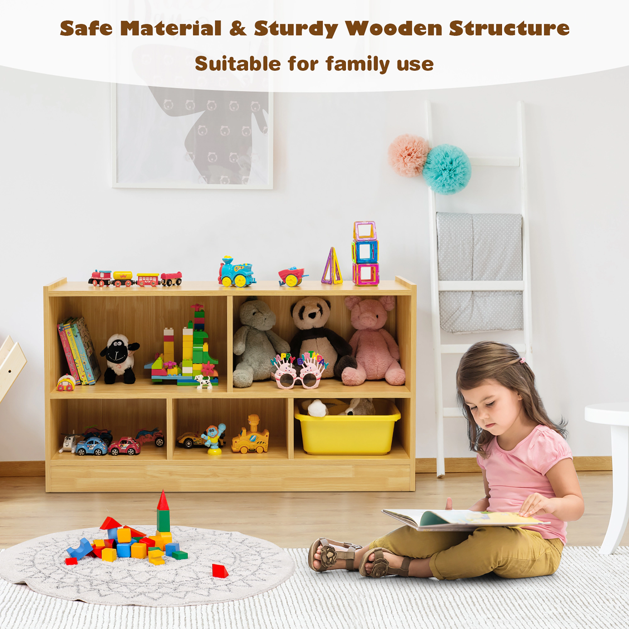 Costway Kids 2-Shelf Bookcase 5-Cube Wood Toy Storage Cabinet Organizer Grey
