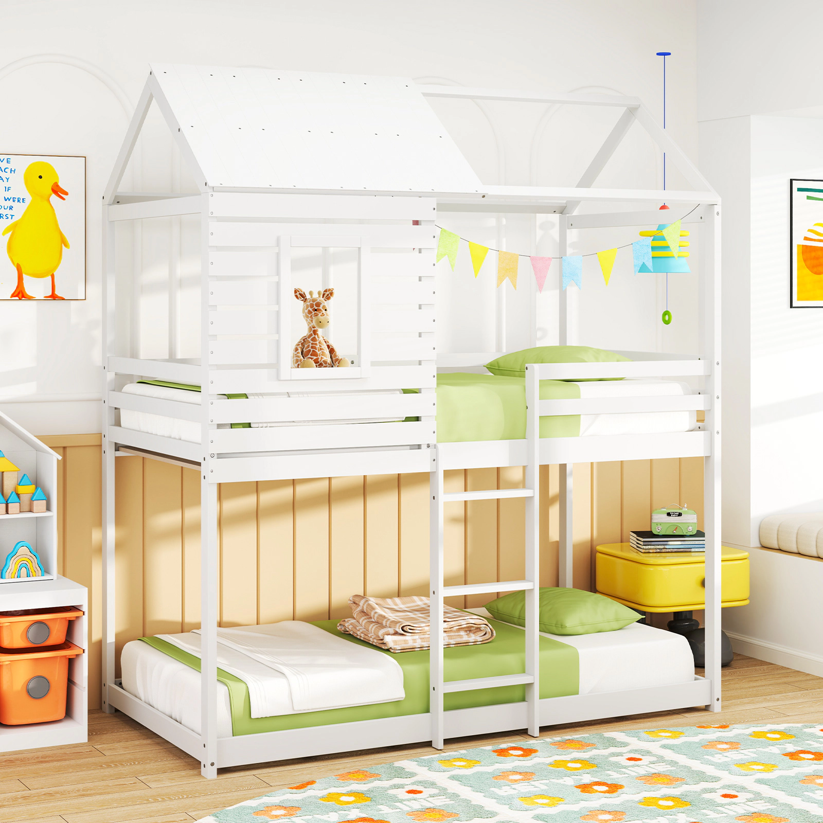 SUGIFT Twin-Over-Twin House Bunk Bed, Solid Pine Wood, Roof, Front Window, White