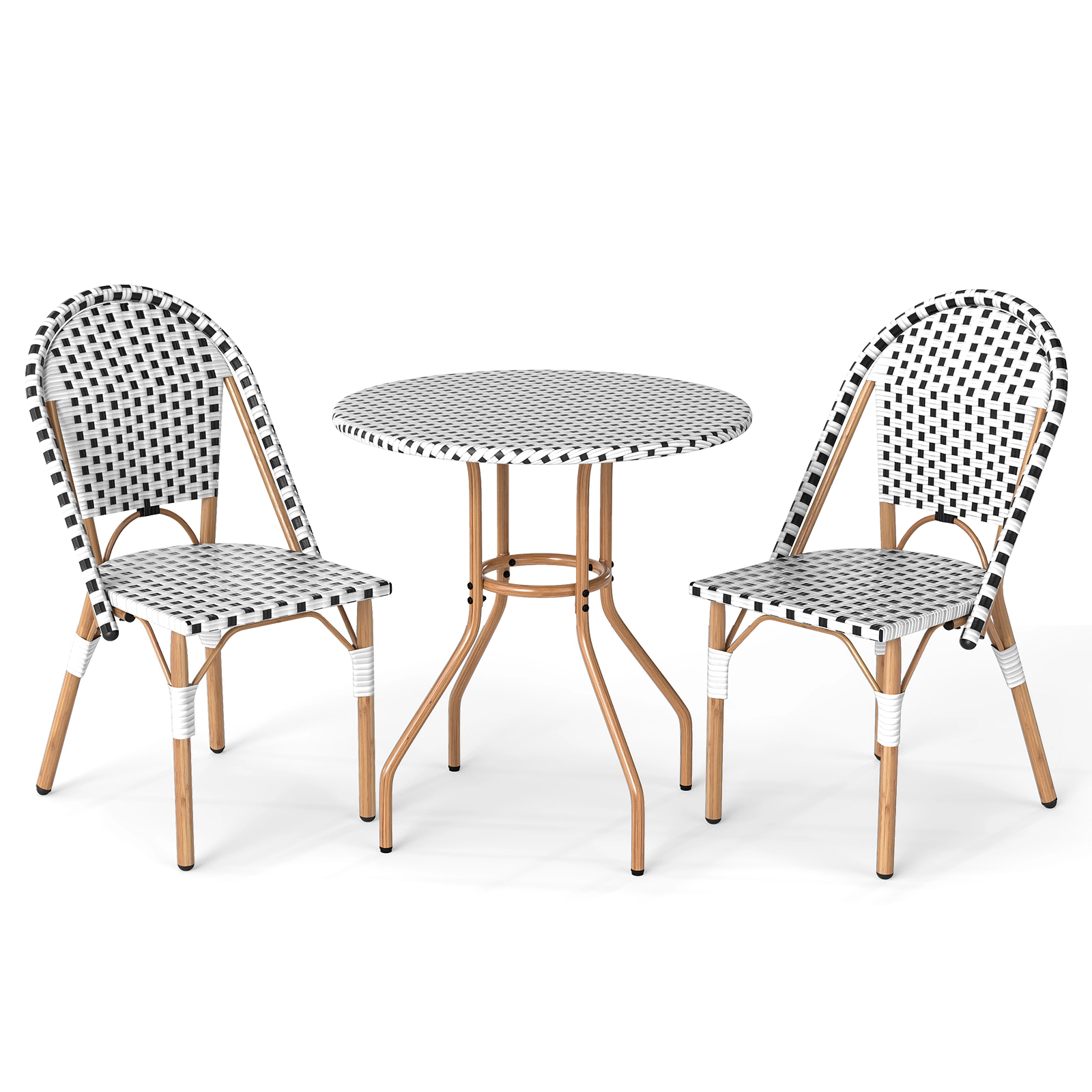SUGIFT 3 Piece French Bistro Table & Chair Set Woven PE Rattan 110-lb Table 330-lb Chair Capacity Black/White Natural