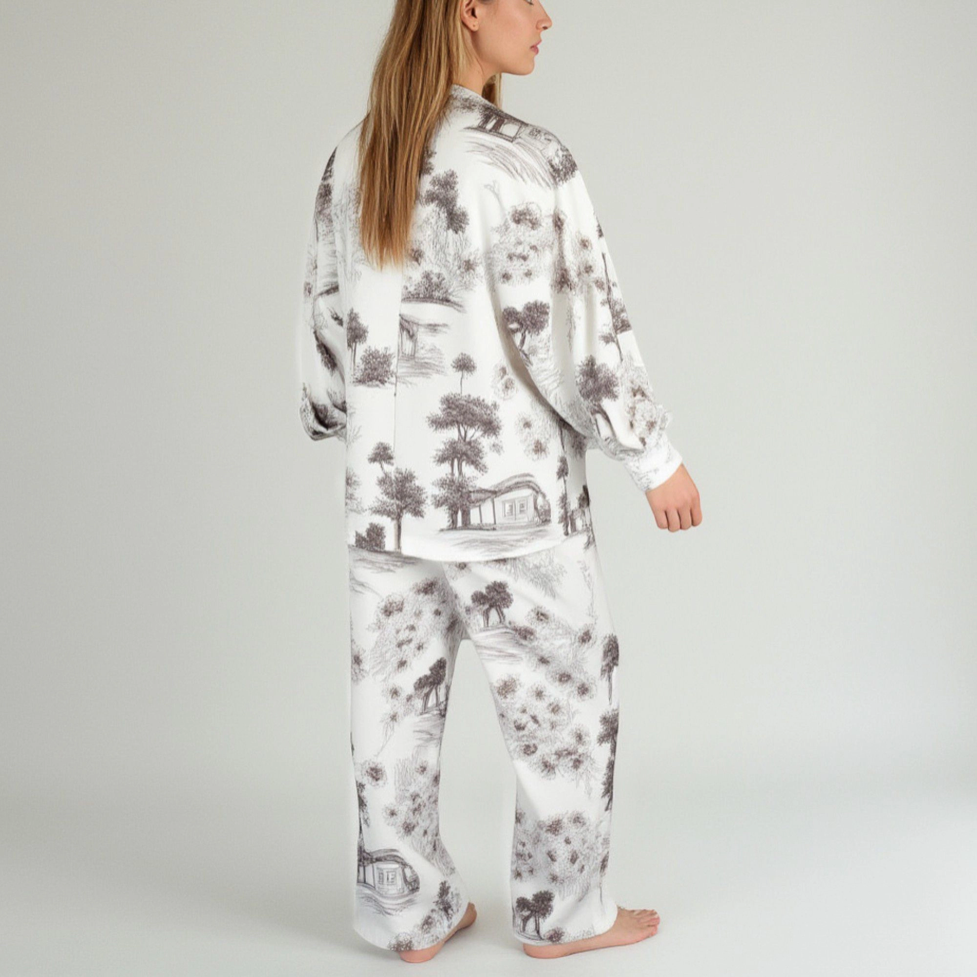 Anna-Kaci Women's Toile Print Button Up Pajama Set with Long Sleeve Top and Elastic Waist Drawstring Pants