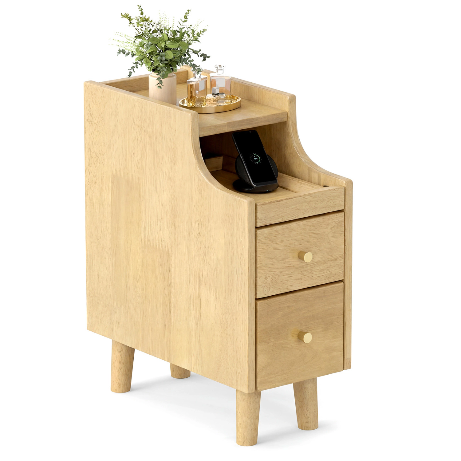 Glintex 8-Inch Narrow Rubber Wood Nightstand with Pull-Out Cable Tray and 2 Drawers