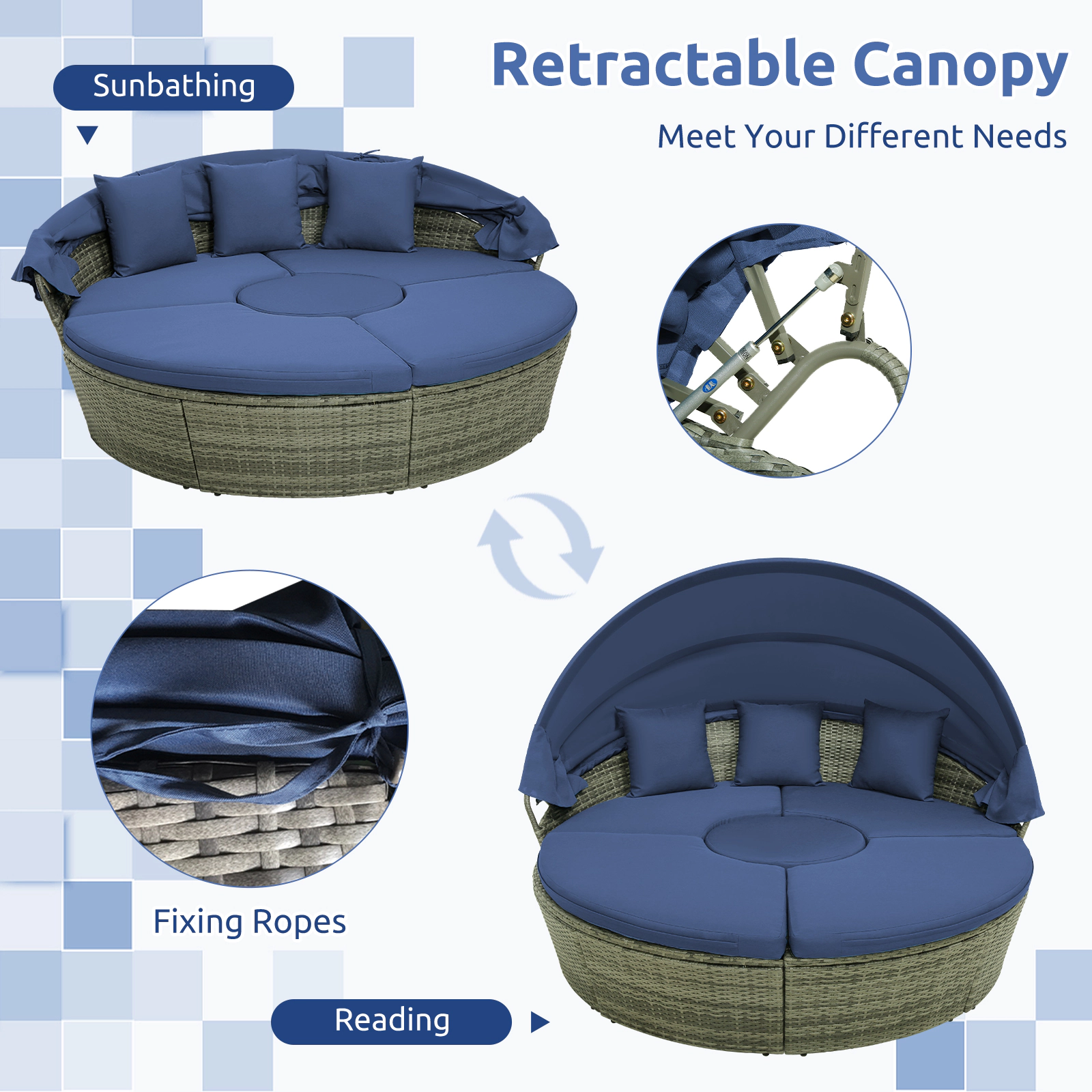 LJG Outdoor PE Wicker Round Daybed with Retractable Canopy and Cushions