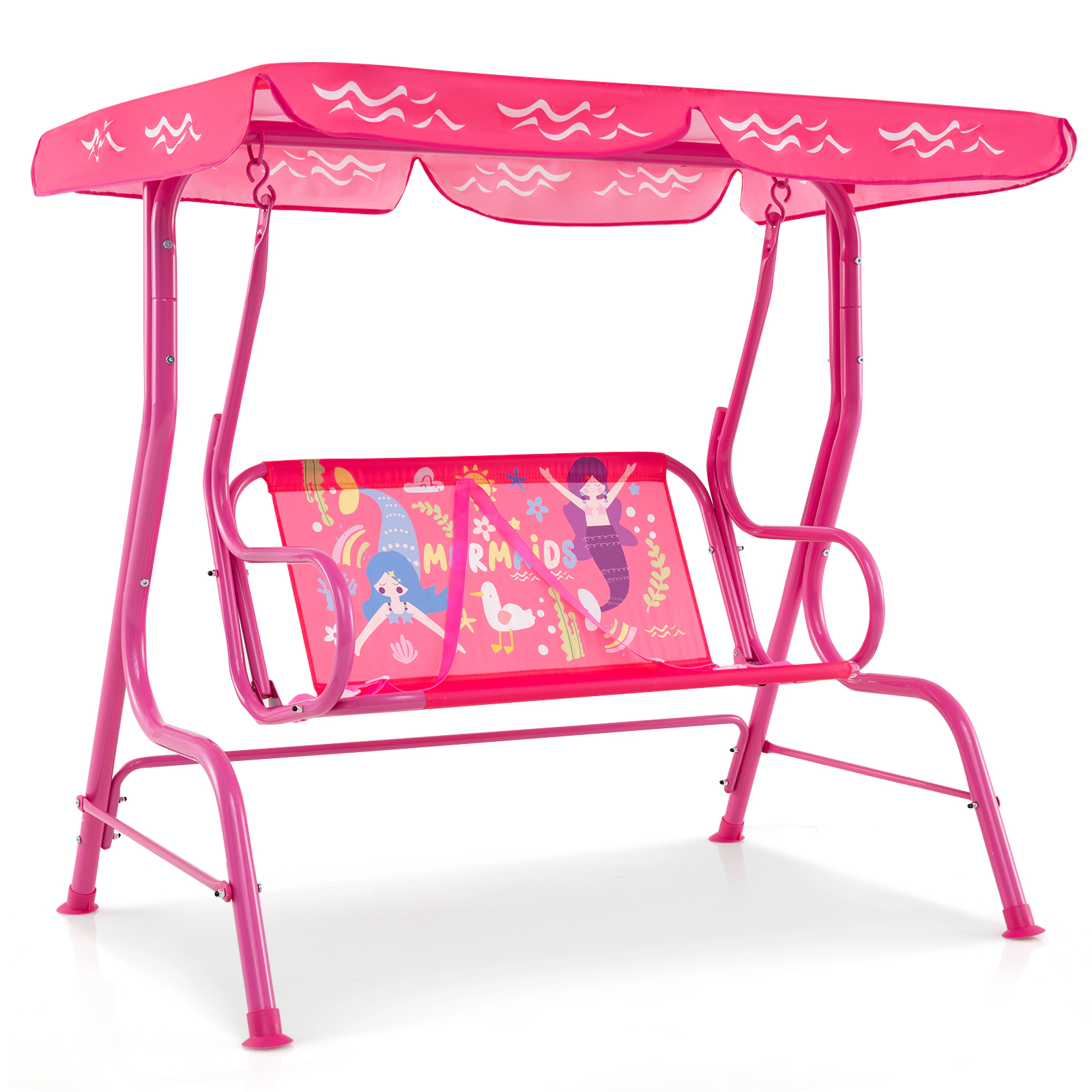 SUGIFT 2-Seat Kids Outdoor Swing with Metal Stand, Adjustable Canopy, Safety Belts, 180-lb Capacity, Pink